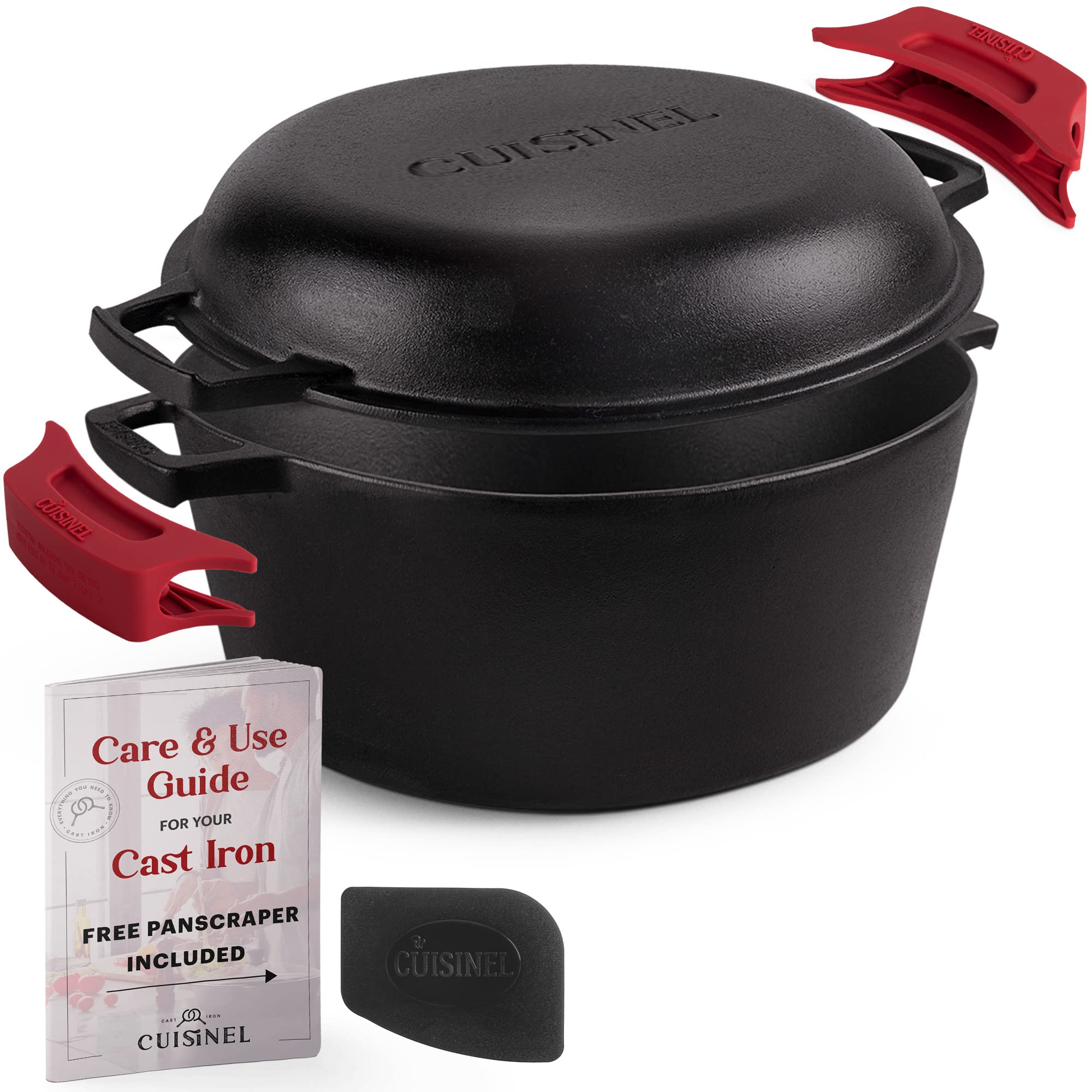 Cuisinel Cast Iron Dutch Oven 7-Quart - Pre-Seasoned 2-In-1 Deep Pot Multi-Cooker - Combo Lid Doubles As 12 Skillet Frying Pan