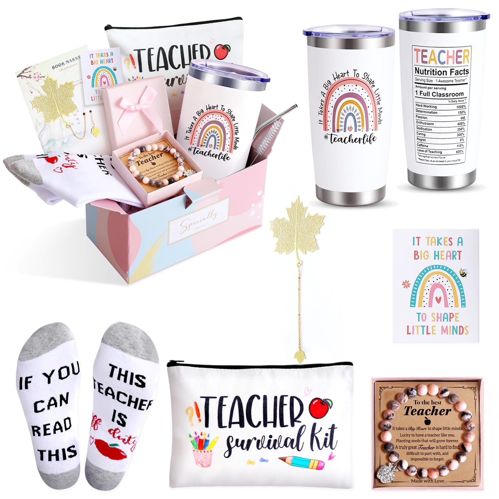 Teacher Appreciation Gifts, Teacher Gifts For Women, 20 Oz Teacher Tumbler, Teacher Pouch Bag, Teacher Socks, Thank You Basket B