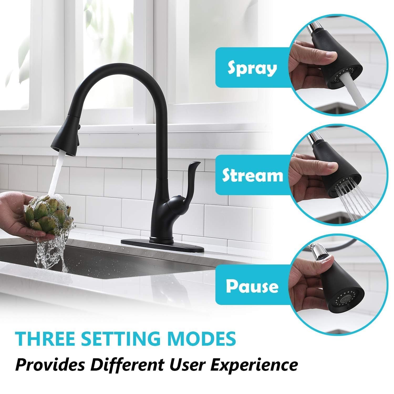 Matte Black Kitchen Faucet Pull Down Sprayer and Soap Dispenser - Single Handle Commercial High Arc One Hole Pull Out Spray Head Kitchen Sink Faucets with Deck Plate  APPASO