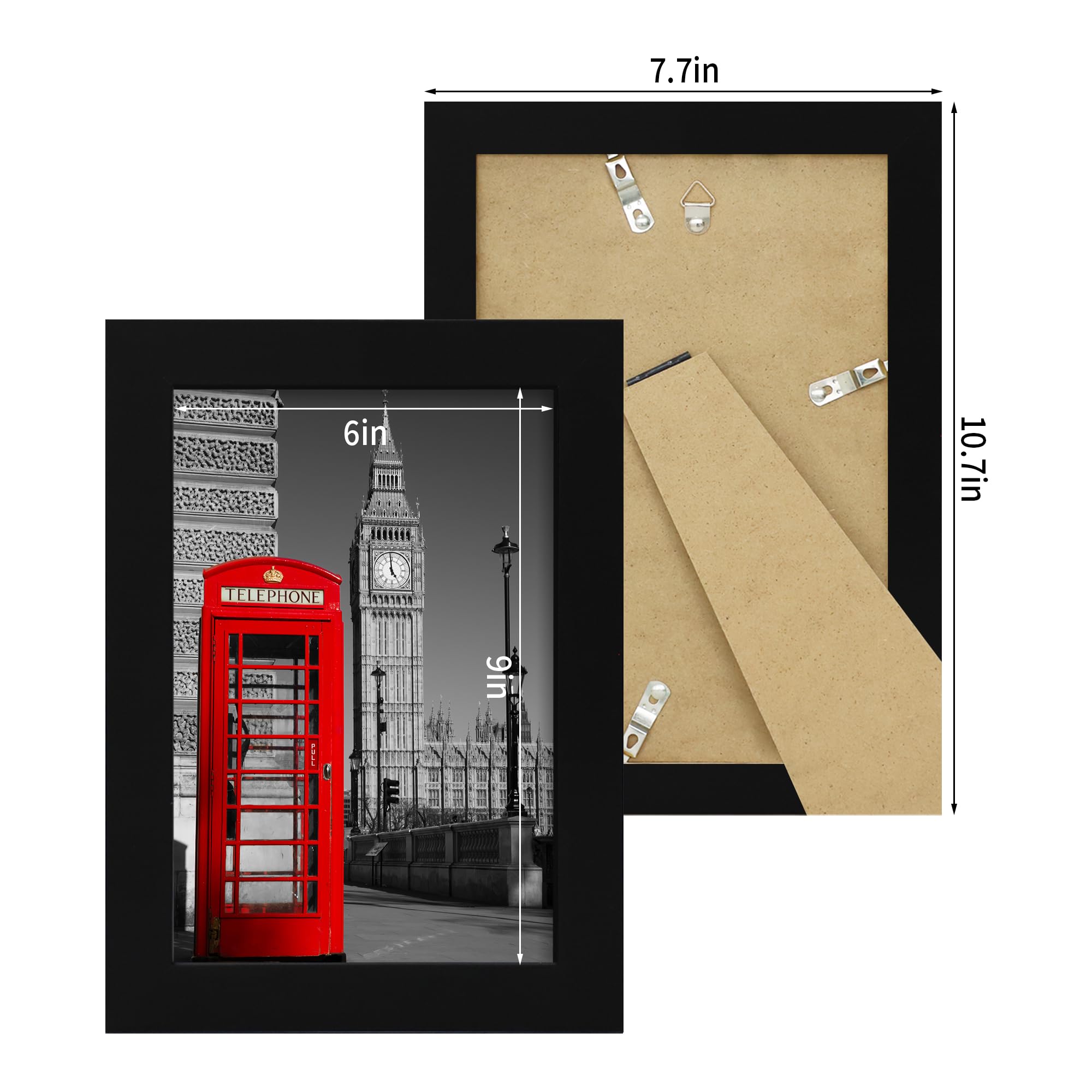 iRahmen 6x9 Picture Frame Set of 2 with HD Glass, Black Wood Photo Frames for Horizontal or Vertical Tabletop and Wall Mounting