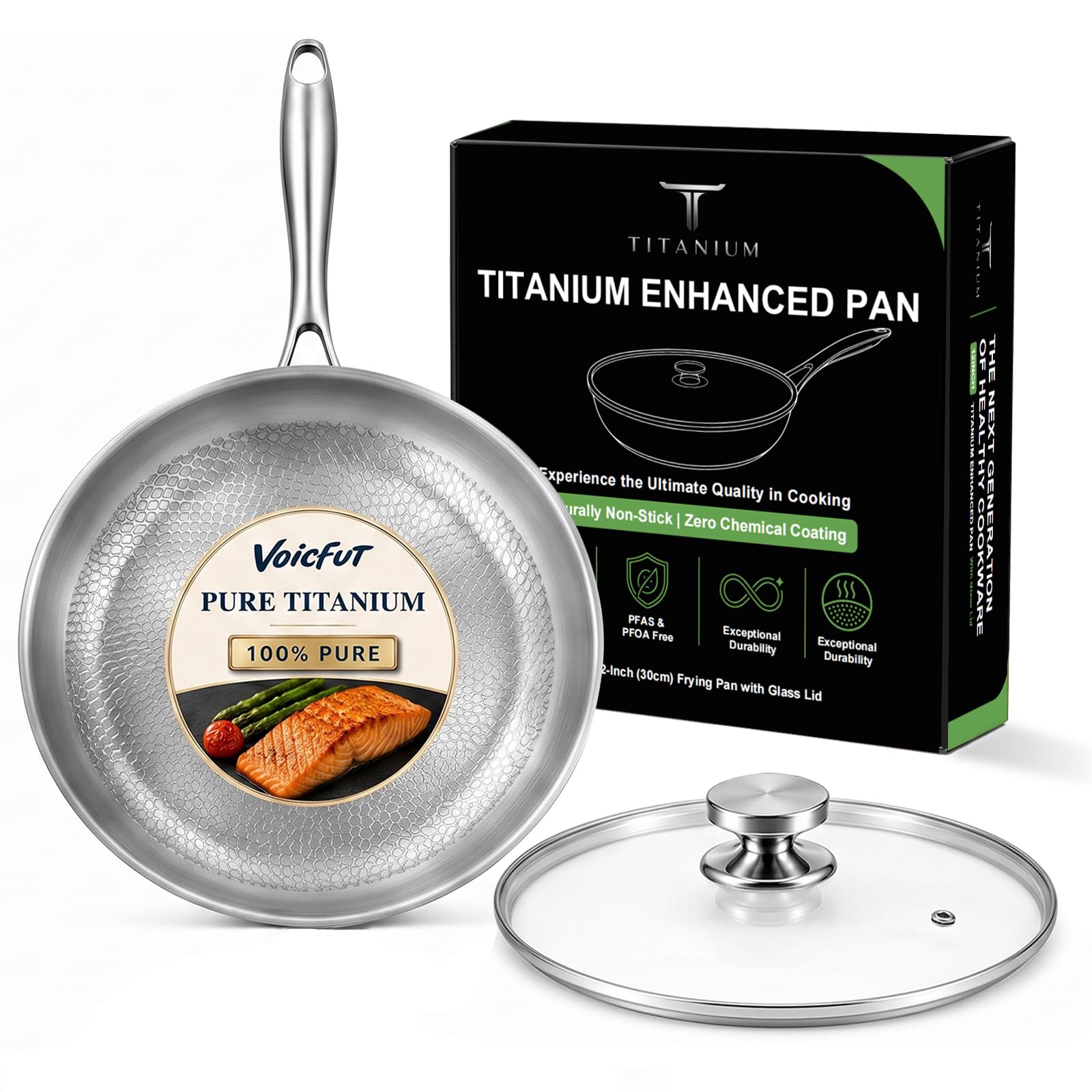 VOICFUT 12 Titanium Pans for Cooking, 100% Pure Titanium Frying Pan