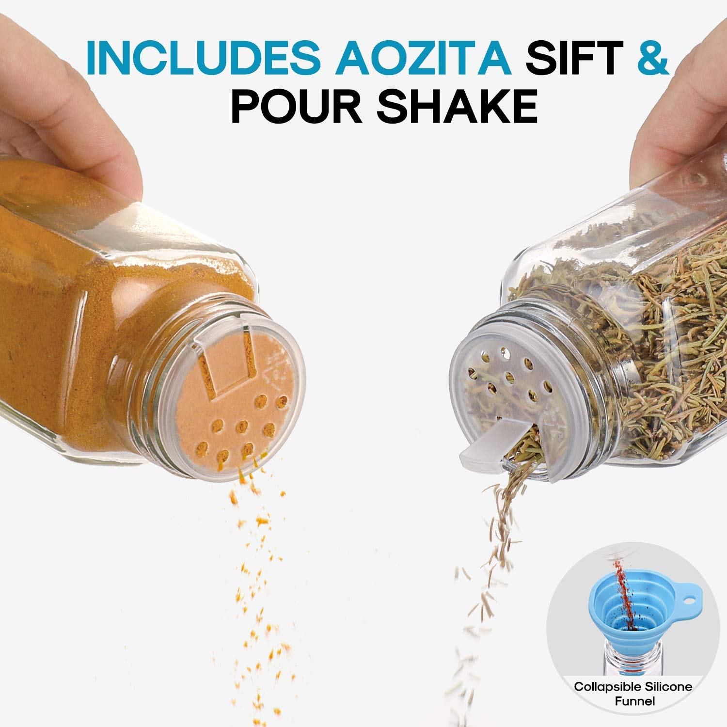Aozita 24 Pcs Glass Spice Jars With Labels - 4Oz Empty Square Spice Bottles Containers, Condiment Pot, Shaker Lids And Airtight