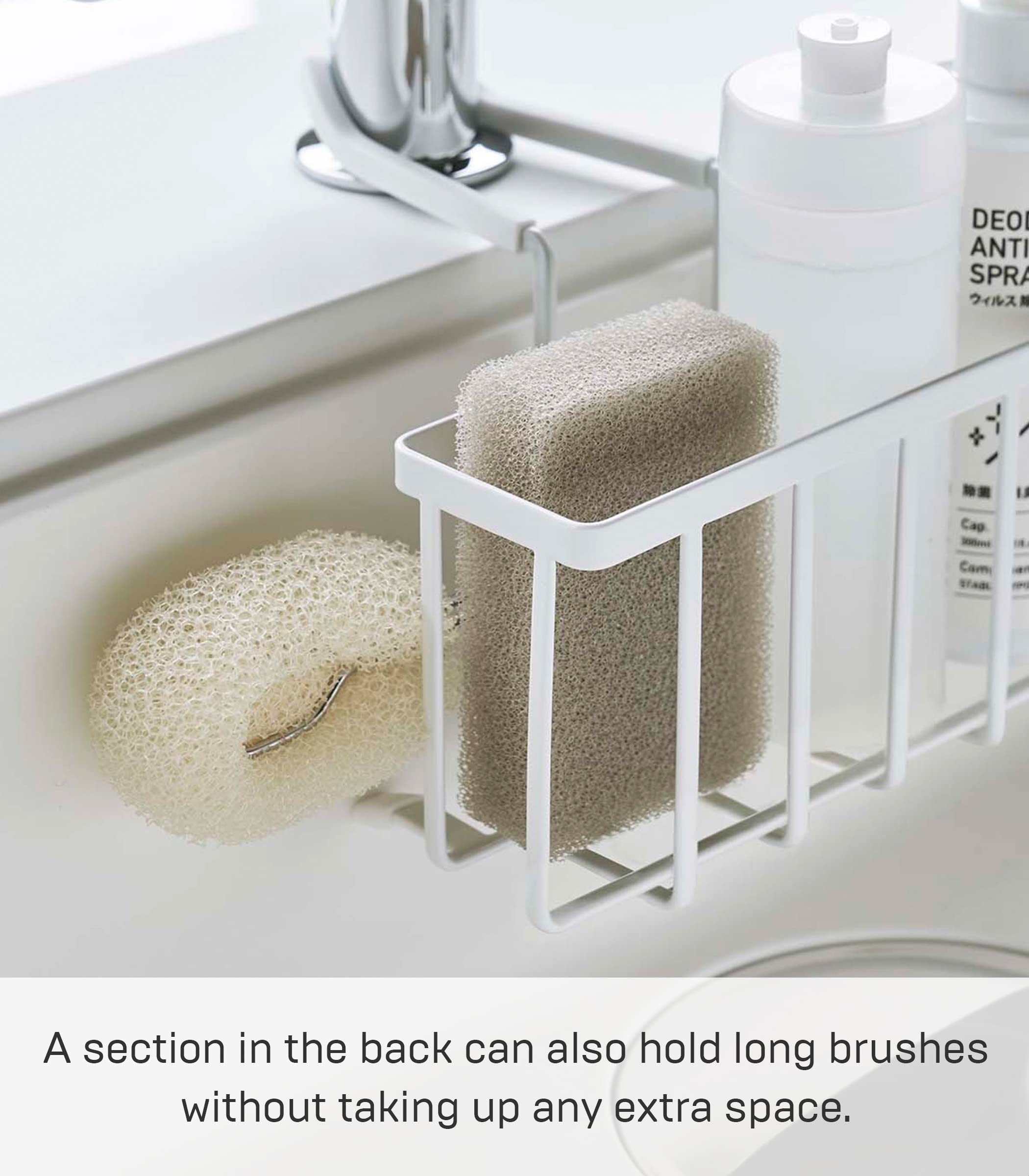 Yamazaki Home Faucet-Hanging Sponge Caddy Kitchen Sink Dish Soap Bottle Brush Scrubber Organizer Holder, Metal With Silicone Pro
