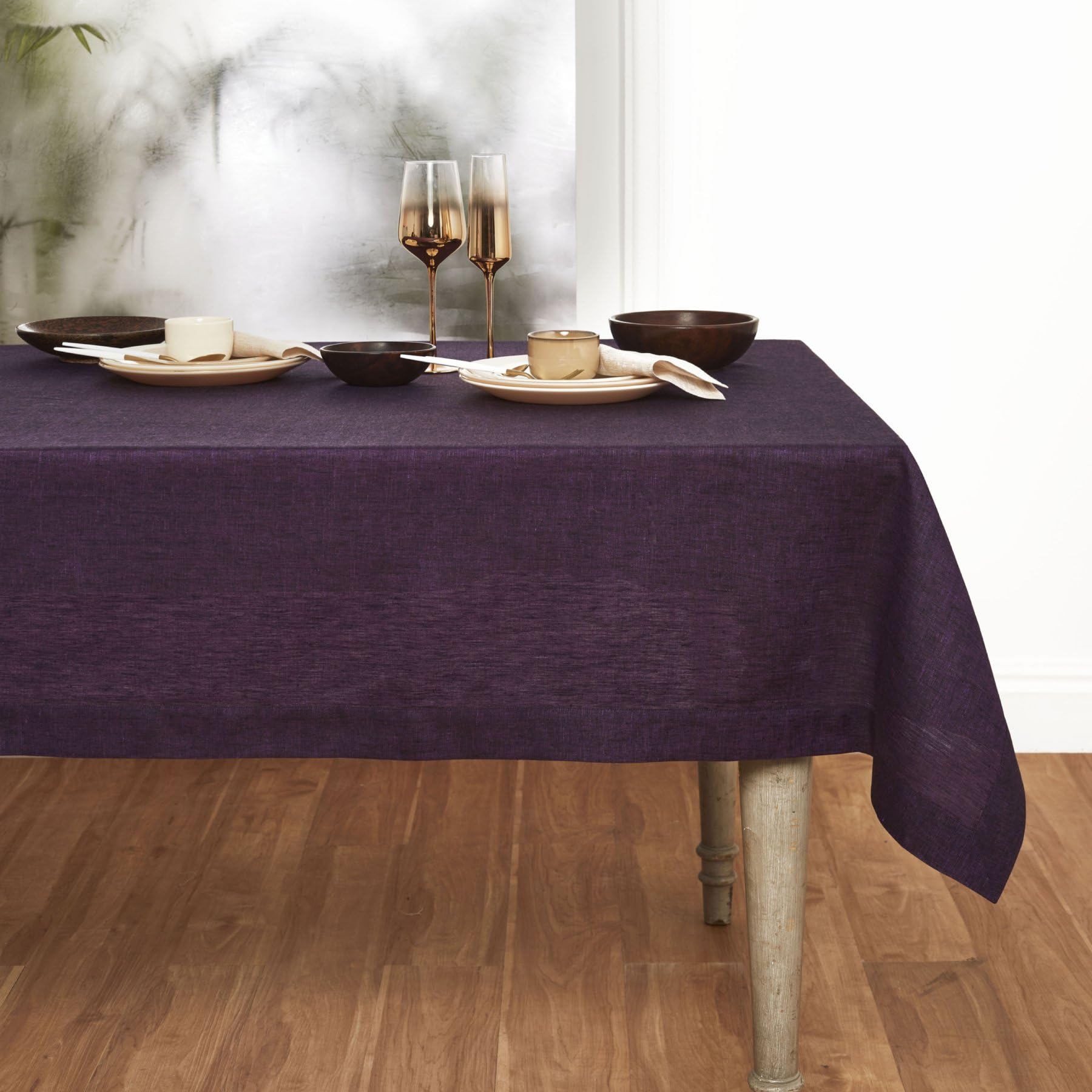 Solino Home Linen Tablecloth 60 x 90 Inch - 100% Pure Linen Grape Table Cloth for Rectangle Tables - Athena, Machine Washable Ta