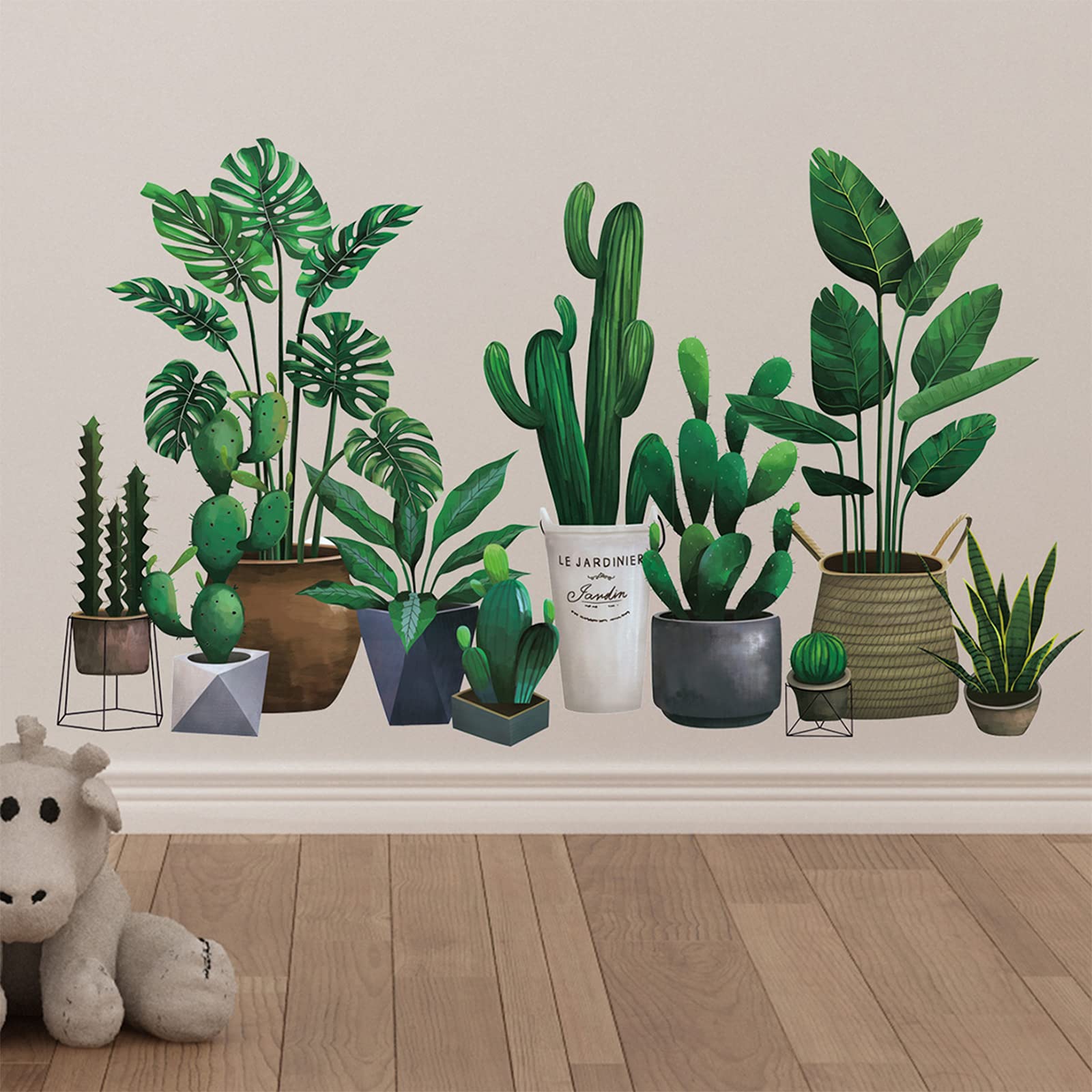 Green Pot Plants Leaves Wall Decals, Monstera Cactus Bonsai Tropical Potted Plants Wall Stickers, Removable Palm Tree Leaf Diy A