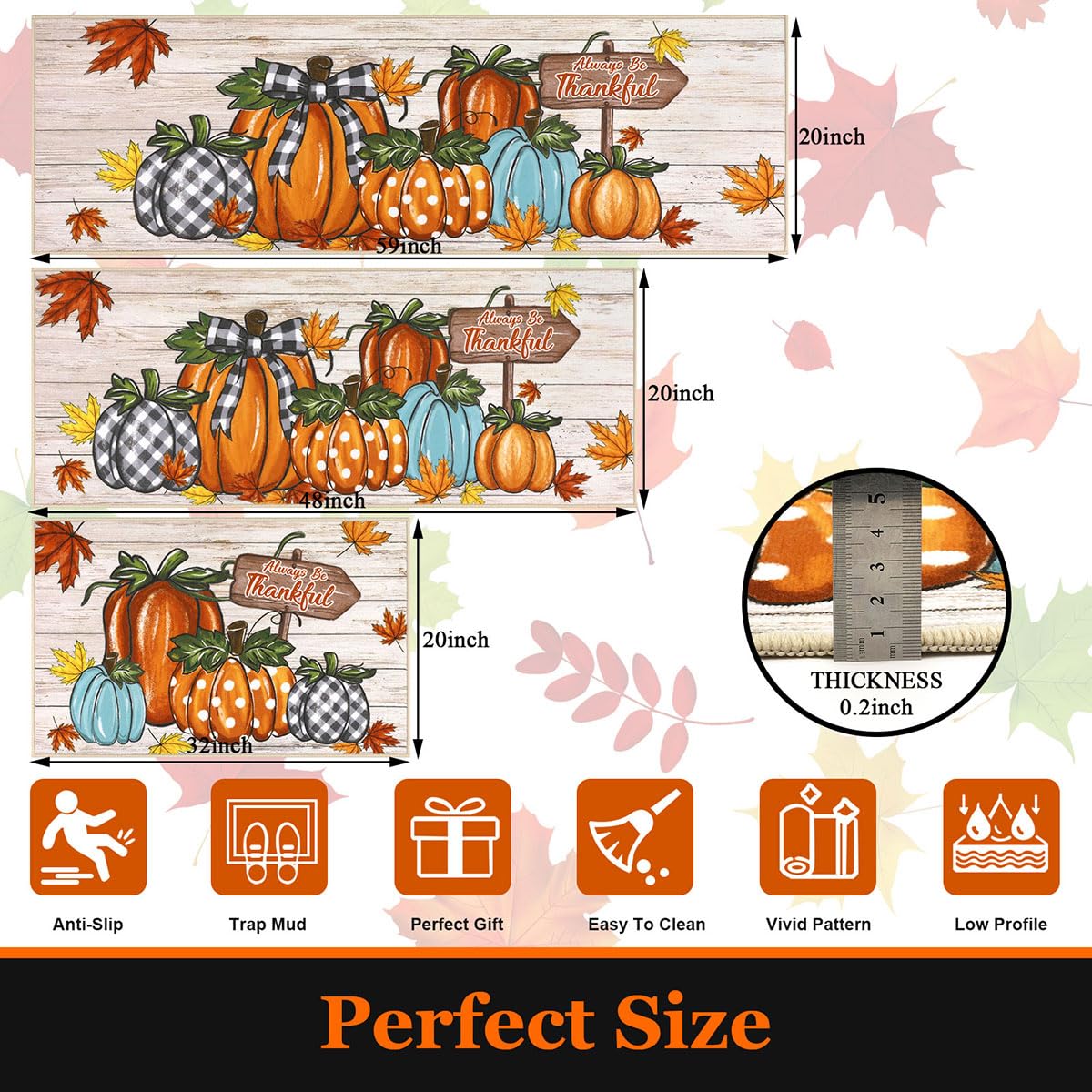 U Artlines Fall Pumpkin Kitchen Rugs with Runner Sets 3 Piece Farmhouse Seasonal Harvest Holiday Party Rugs and Mats Non Skid W