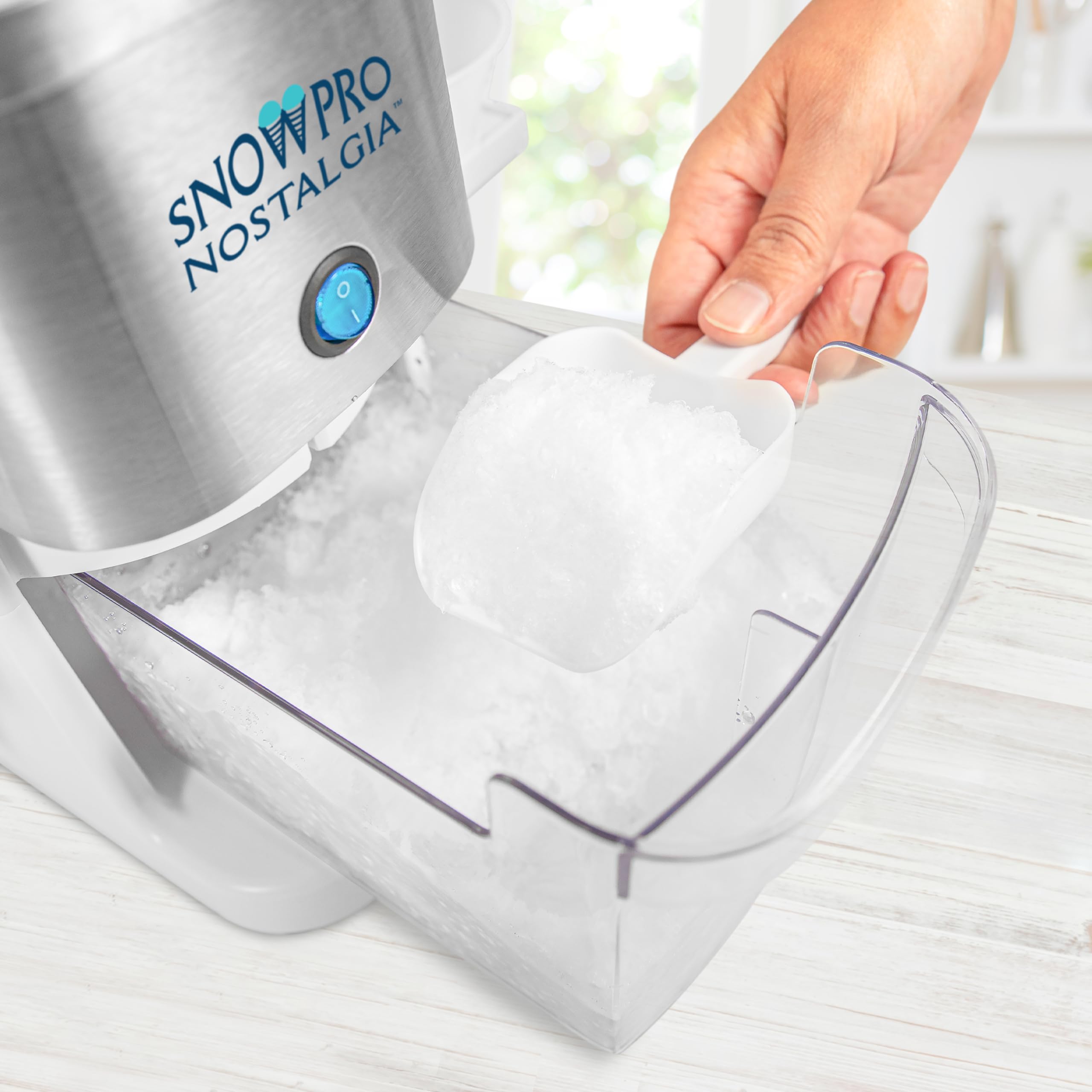 Nostalgia Snowpro Electric Shaved Ice & Snow Cone Maker 64-Ounce Ice Shaving Capacity, 4 Reusable Cones, Side Shelves, And Scoop