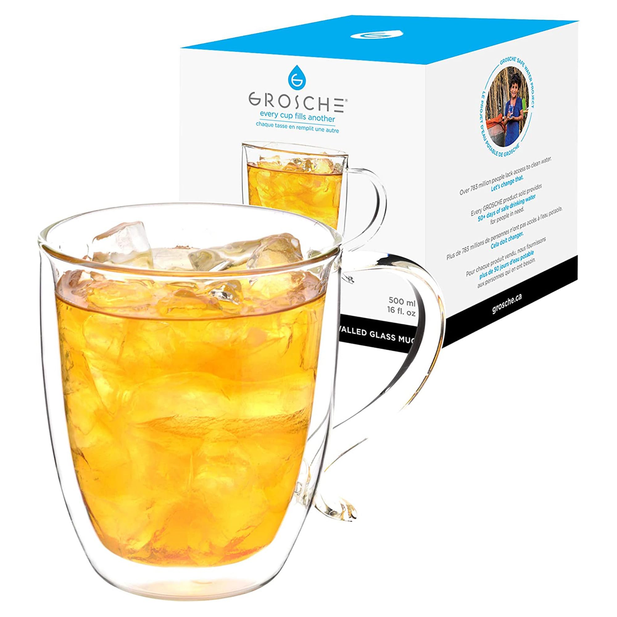 Grosche Cyprus 16 Fl. Oz Double-Wall Glass Mug Set | Espresso, Latte, Tea & More | Hot & Cold Beverages | Stylish & Aesthetic |