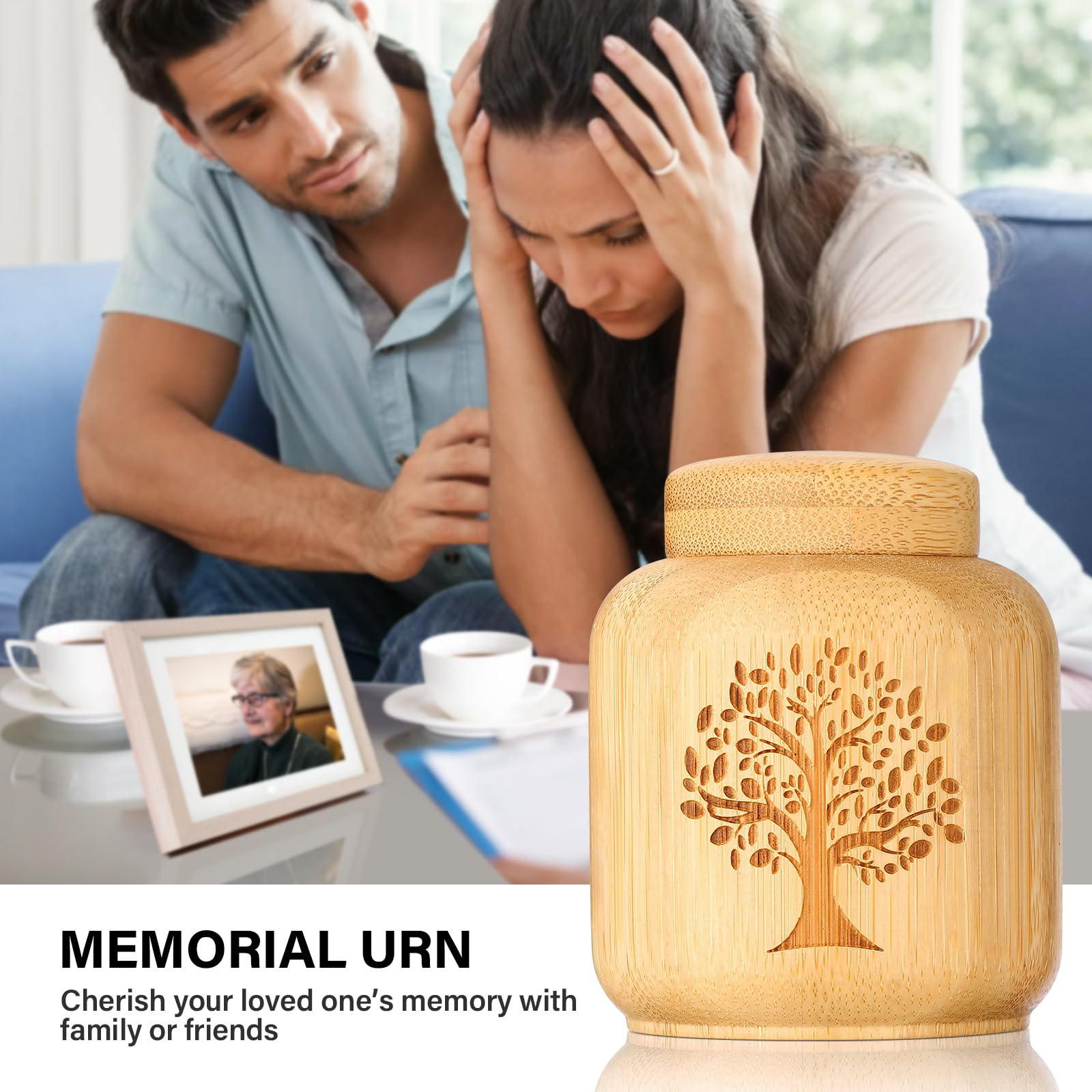 Mini Urns for Human Ashes Made of Bamboo - Set of 2 Small Keepsake Urns With Tree of Life Pattern Engraved, Biodegradable for Pe