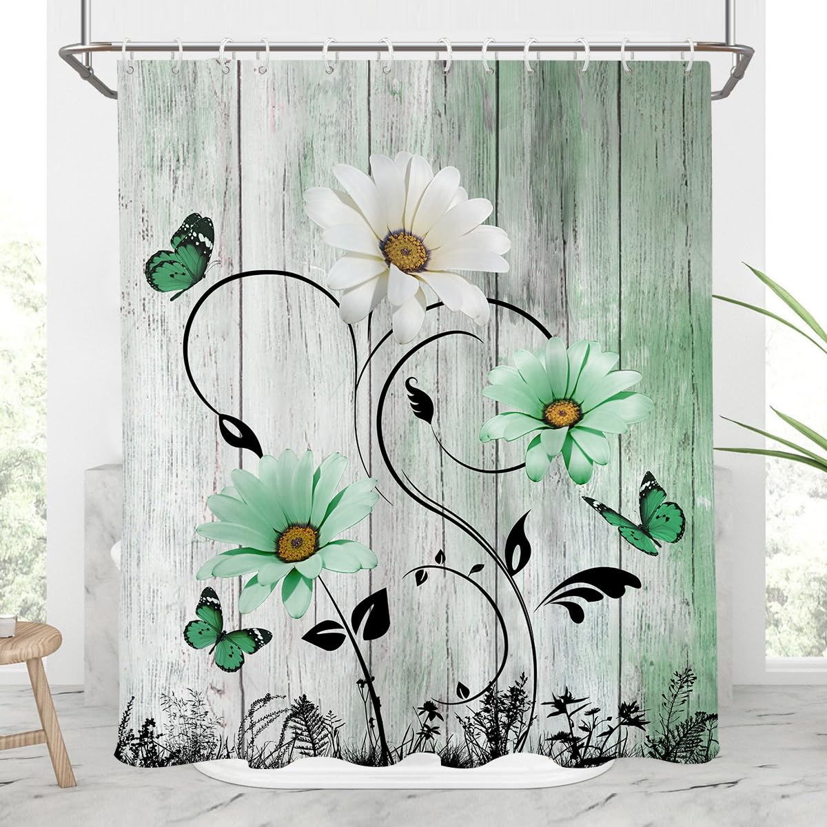 Aatter Green Floral Shower Curtain Rustic Flower Country White Daisy Butterfly Sage Mint Black Boho Bright Pretty Polyester Home