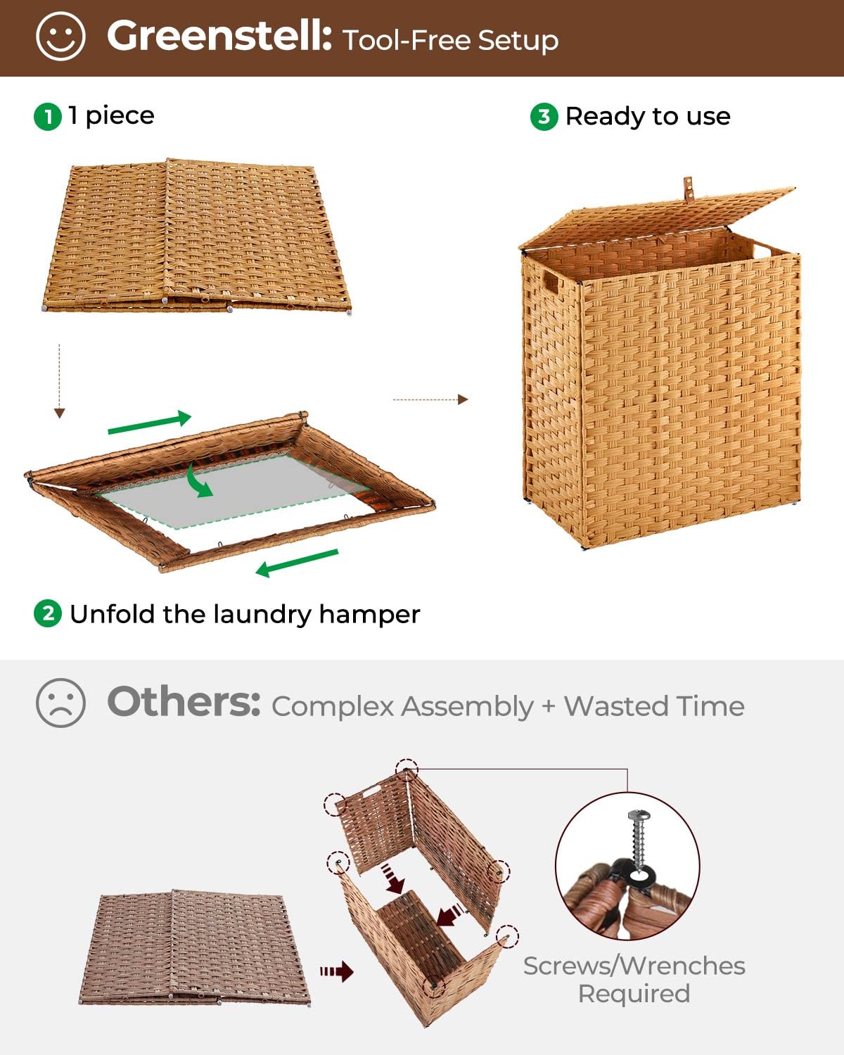 GREENSTELL Laundry Hamper with lid  No Install Needed  110L Wicker Laundry Baskets Foldable 2 Removable Liner Bags  2 Section Clothes Hamper Handwoven Rattan Laundry Basket with Handles  Natural