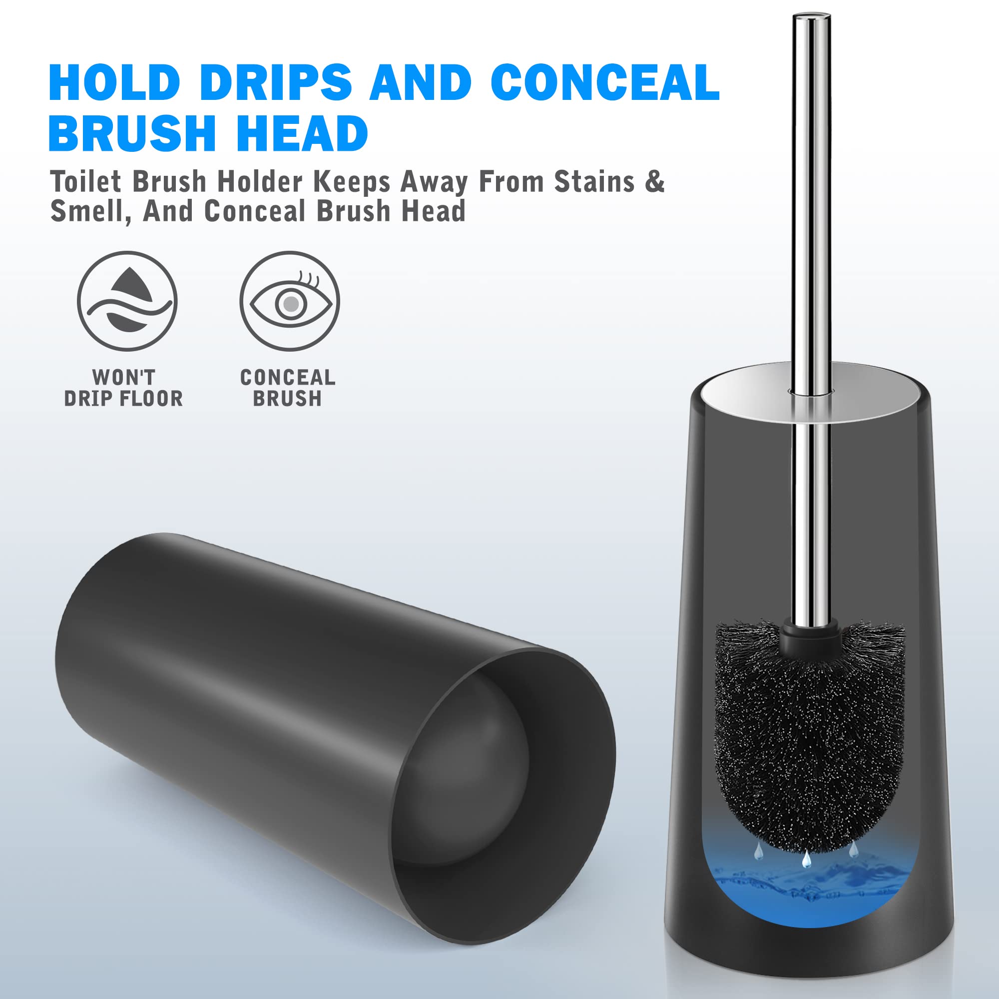 IXO Toilet Brush and Holder  Toilet Brush with 304 Stainless Steel Long Handle  Toilet Bowl Brush for Bathroom Toilet-Ergonomic  Elegant Durable(Black)