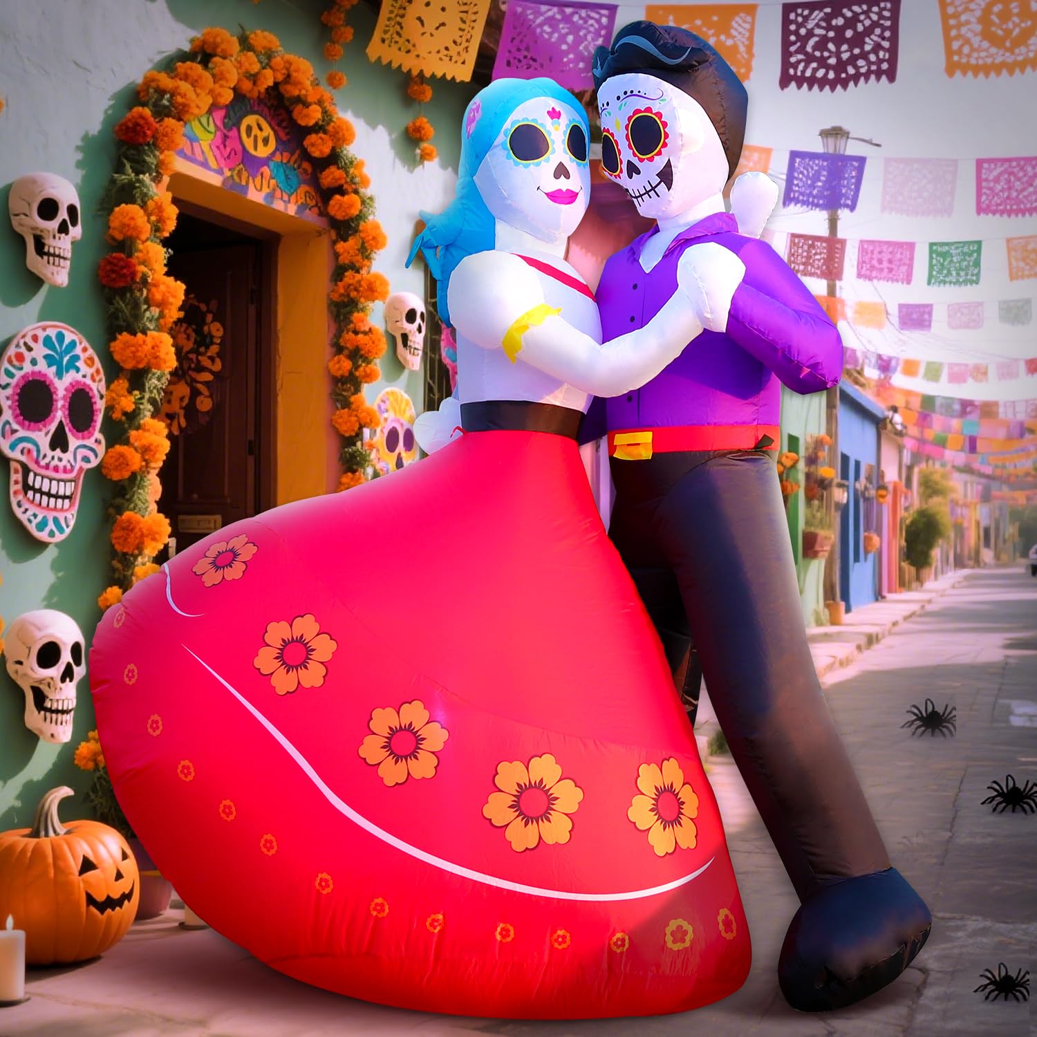 DomKom Halloween Inflatable Blow Up Decorations, Dia de Los Muertos 6FT Day of Dead Catrina Sugar Skull Couple Dancing, Built-in