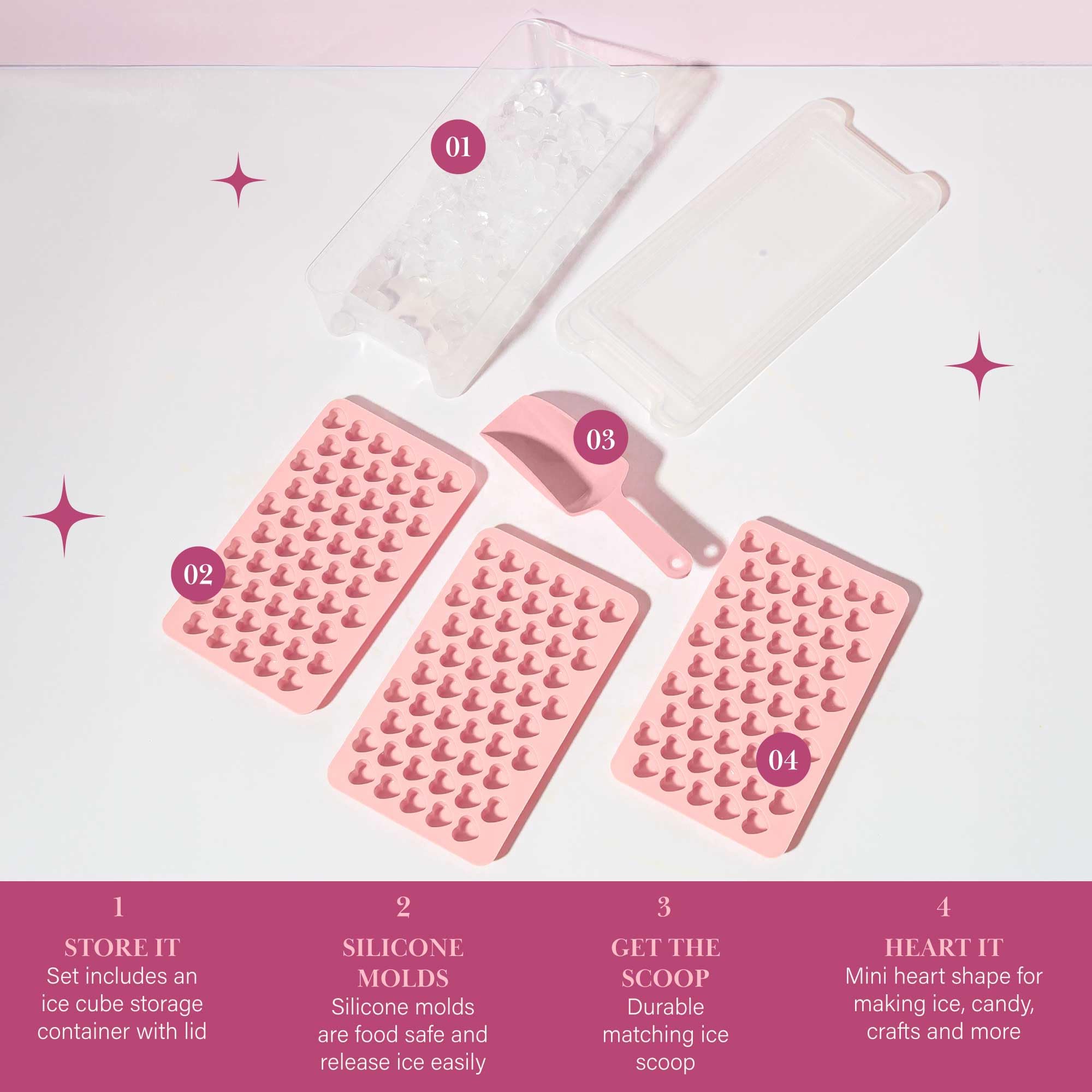 Paris Hilton Heart Shaped Mini Ice Cube Tray Set, Includes 3 Mini Ice Cube Molds, Ice Bin Storage Container With Lid And Ice Sco