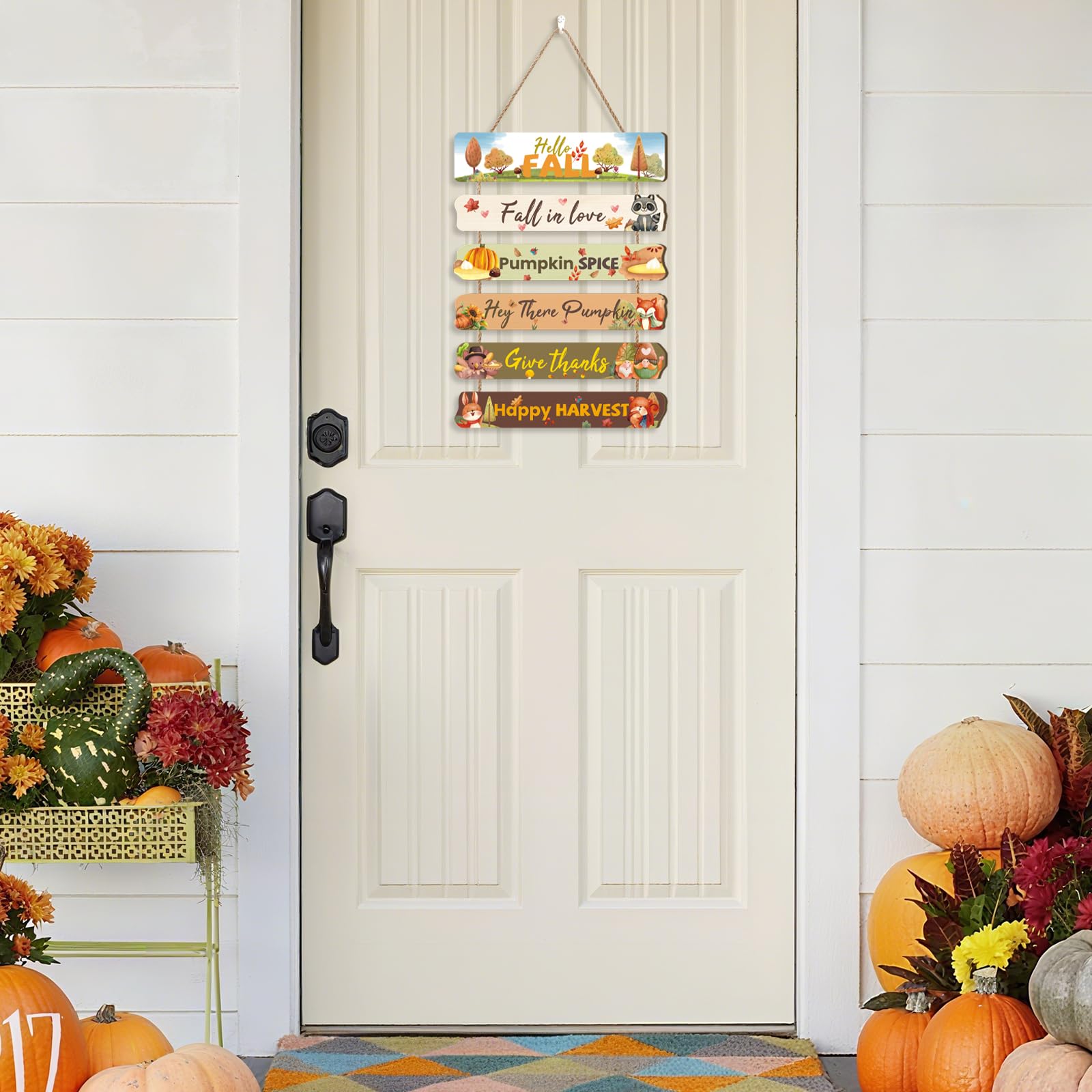 Ausril Hello Fall Door Decor,Happy Harvest Door Hanging,Thanksgiving Autumn Wall Plaque,Pumpkin Wall Hanging Sign,Autumn Door De