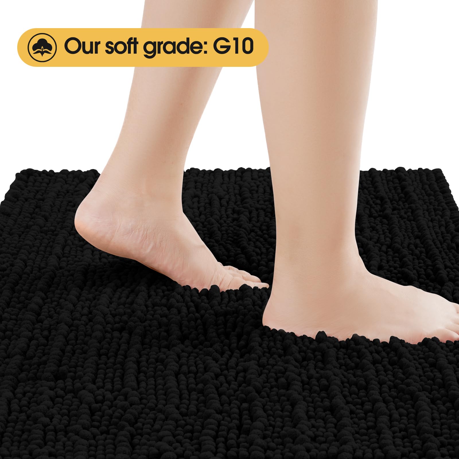 Accumtek Upgrade Extra Large Black Bathroom Rug Set 3 Pieces Ultra Soft, Thick Absorbent Bath Mats, Non Slip Chenille Toilet Mat