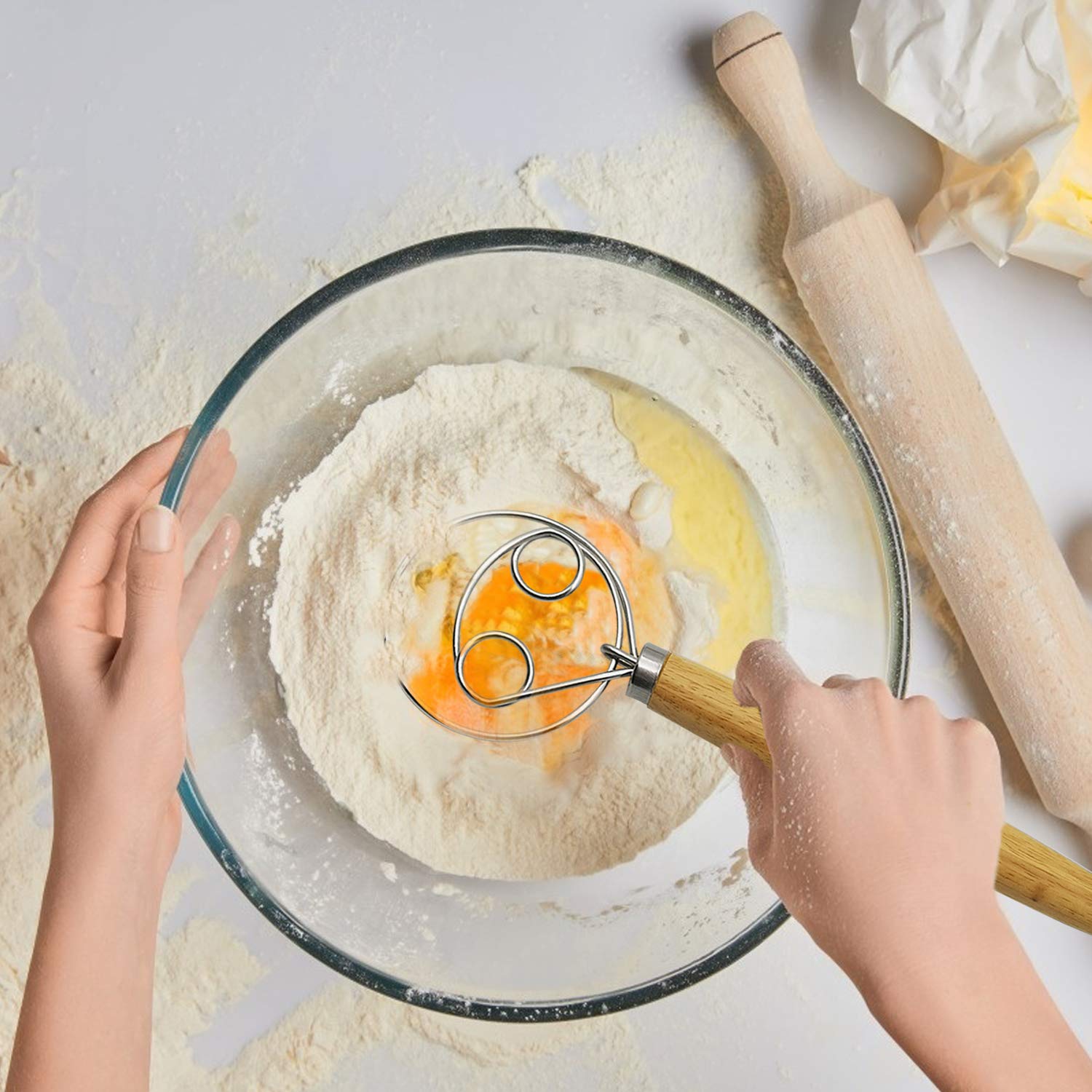 Listenman Danish Dough Whisk Bread Mixer&Egg Whisk Kits, 2 Pack Premium Stainless Steel Dutch Whisk & 1 Pack Hand Push Rotary Wh