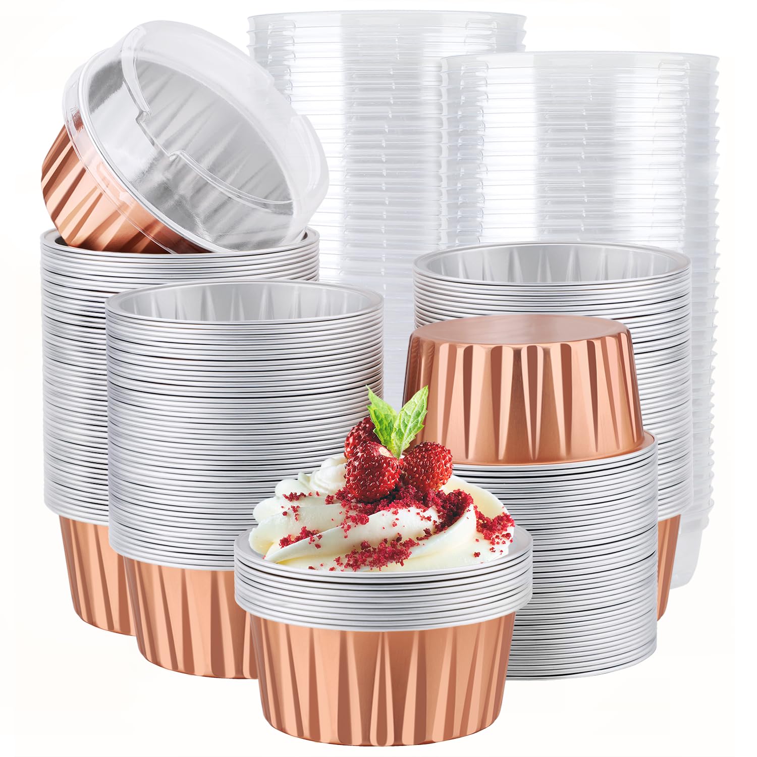 EUSOAR Muffin Cups for Baking, 200pcs 5oz Cupcake Liners Foil Mini Aluminum Pans with Lids, Reusable Creme Brulee Containers, Sm