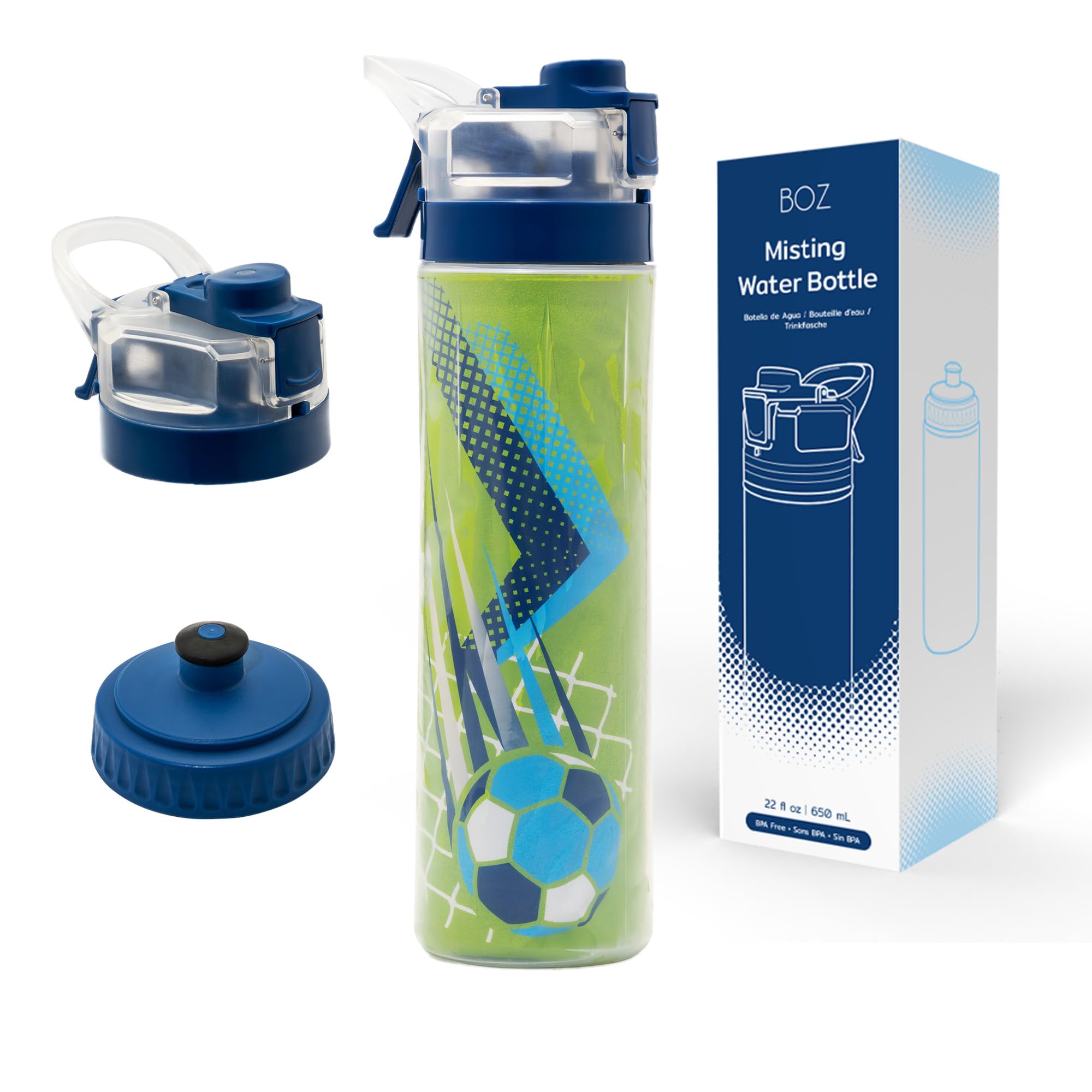 BOZ Champion 22 oz (650ml) Soccer-Themed Squeeze Water Bottle | Refreshing Mist Spray, Sturdy Insulated Design, Leak-Proof, Easy