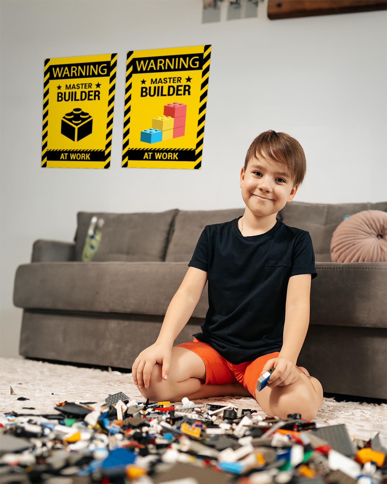 2 Pcs Wall Decor Warning Master Builder At Work, Vinyl Print Building Block Bricks Door & Room Caution For Brickbuilders, Child,