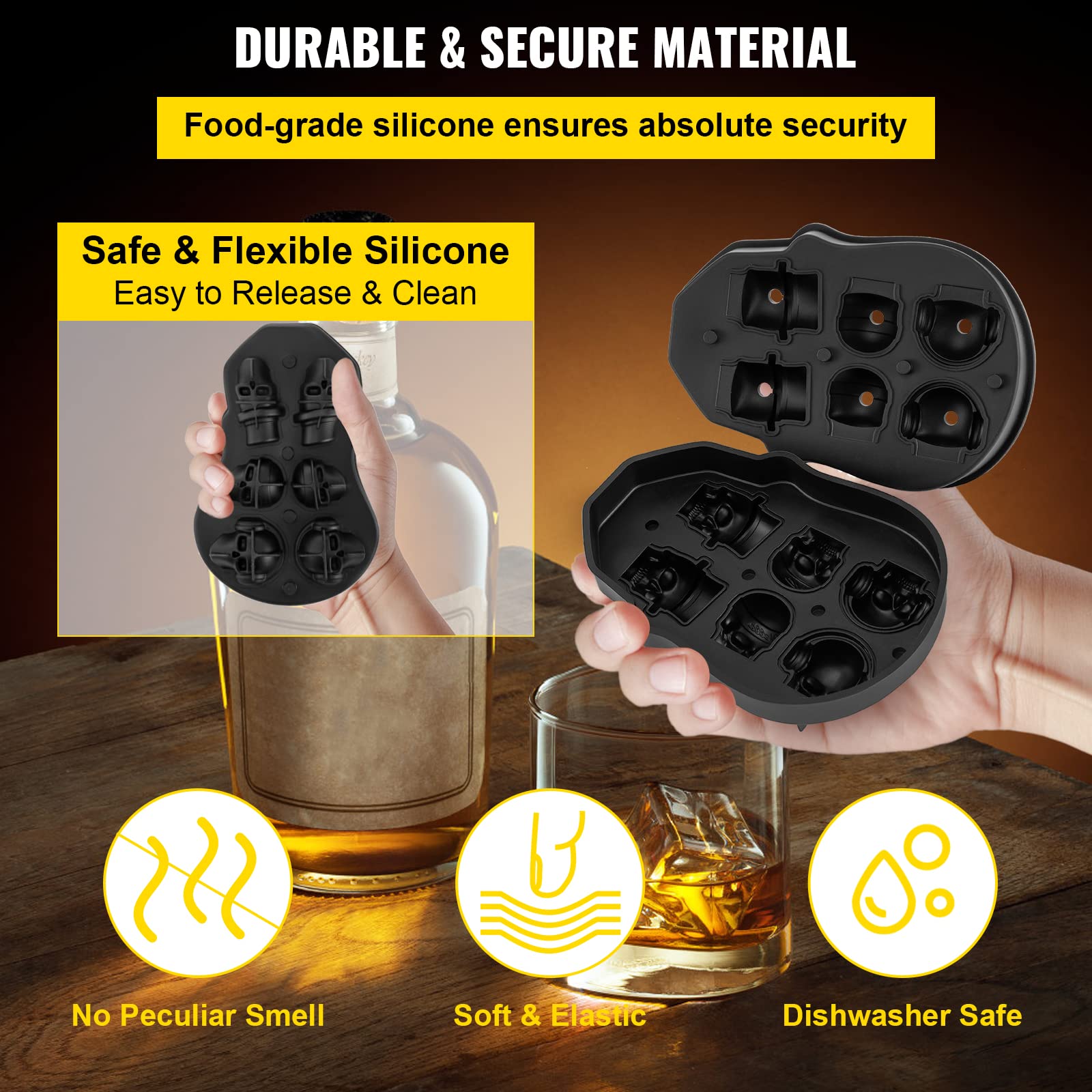 Vevor Skull Ice Cube Tray, 6-Grid Skull Ice Ball Maker, Flexible Black Silicone Ice Tray With Lid & Funnel, Skull Ice Cubes In 3