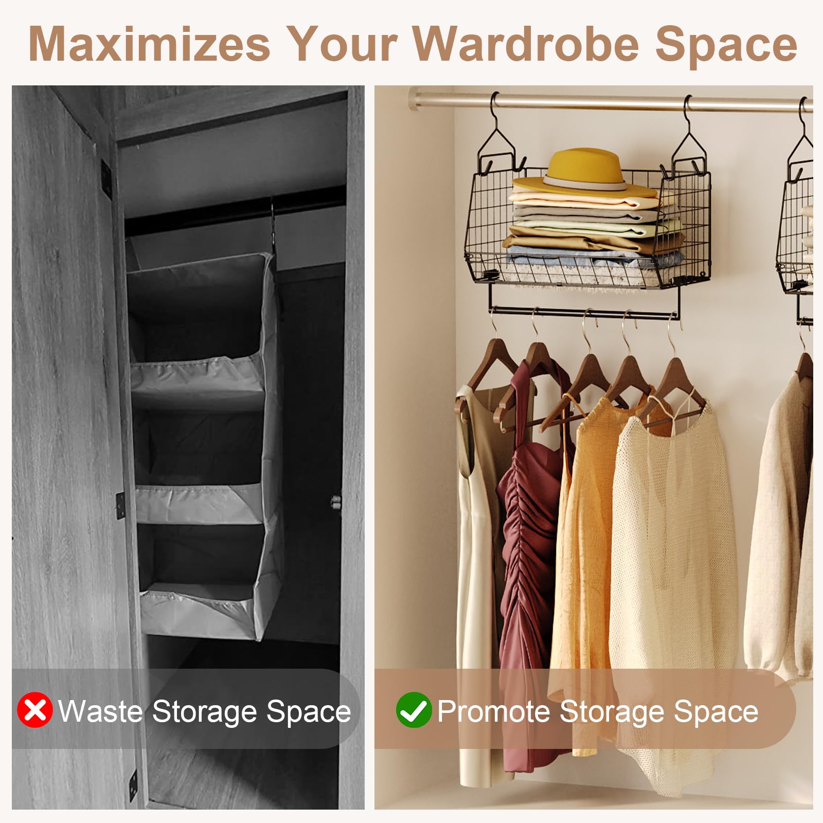 Yociyoga 2 Tier Closet Hanging Organizer With Rod, Foldable Hanging Closet Organizer, Hanging Closet Shelves With 4 Hooks,Wire H