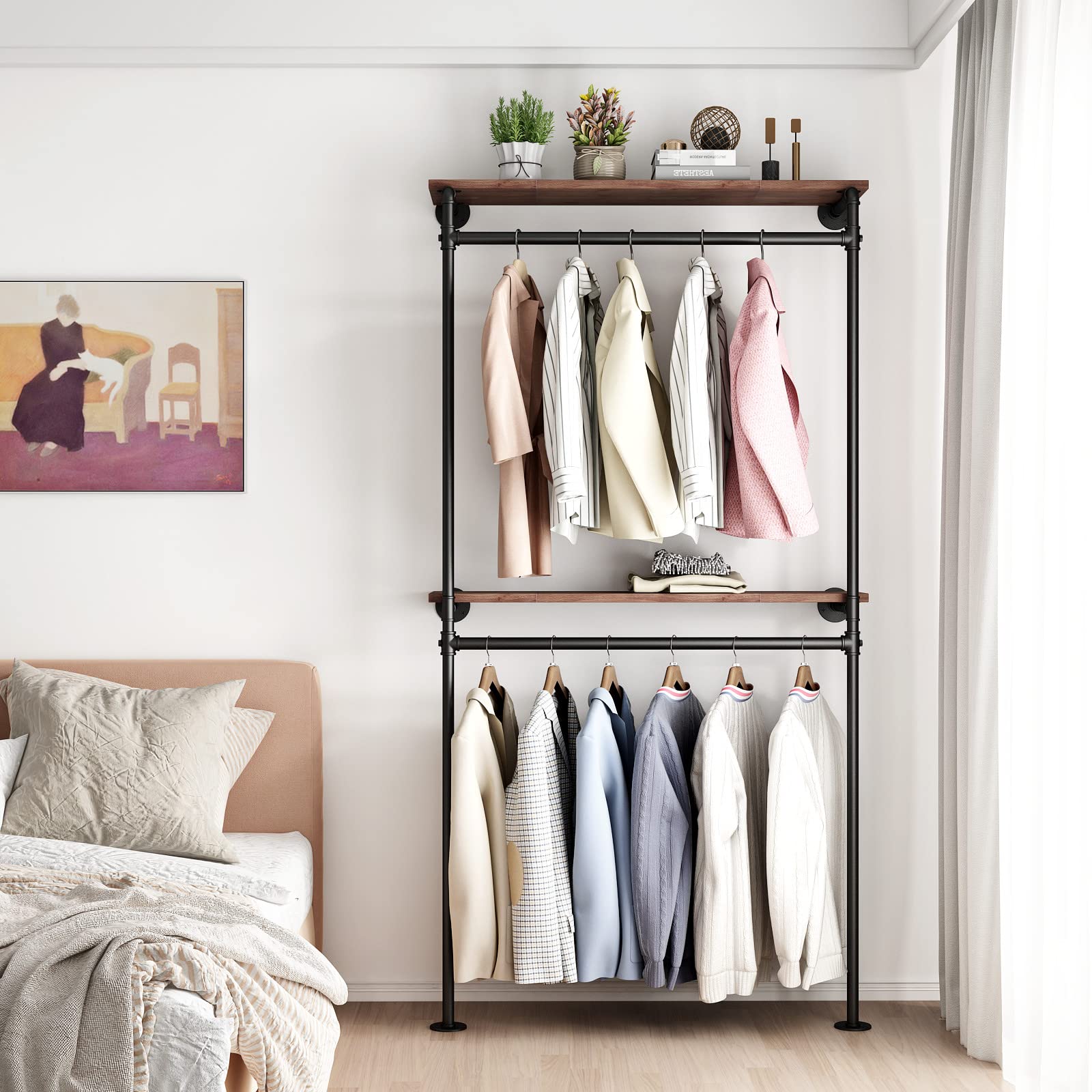 Dr.Iron Industrial Pipe Clothing Racks With 2 Tier Shelves, Wall Mounted Black Clothes Rack With Double Hanging Rods Heavy Duty