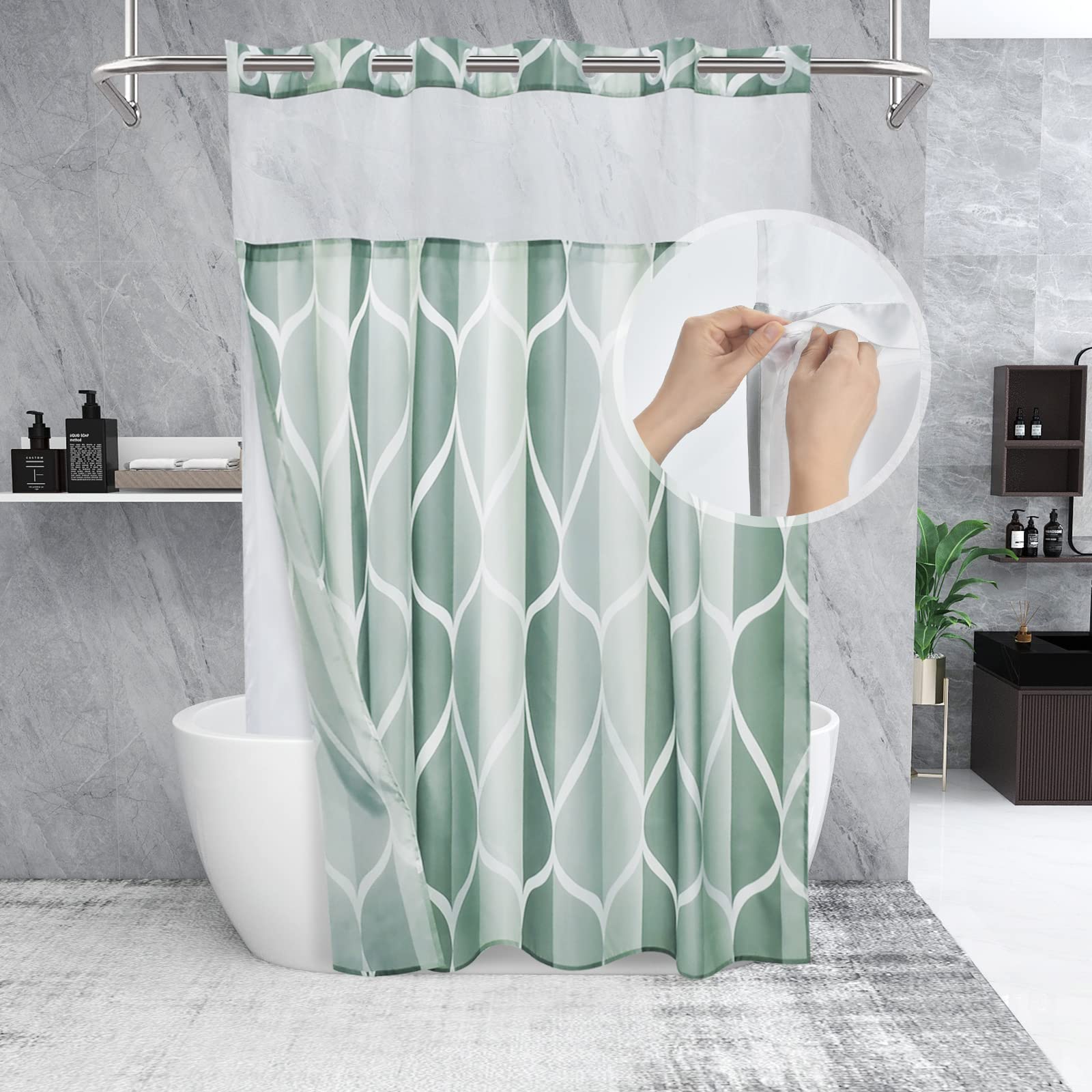 Yiatn No Hook Dark Green Double Shower Curtain With Snap In Fabric Liner Set - Hotel Style With See Through Mesh Top Window, Mod