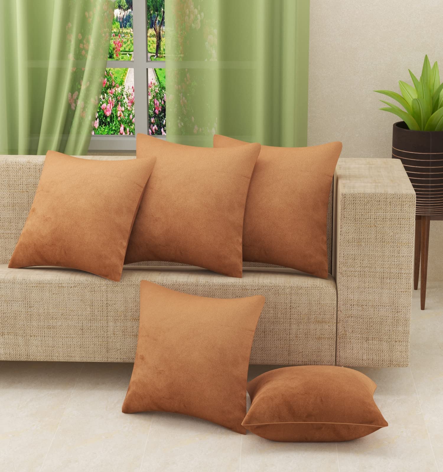 Stuffique Velvet Throw Pillow Cover 190 Tc Solid Plain Cushion Covers Set Of 5 For Sofa Couch Bed Chair 12 X 12 Inch, Copper