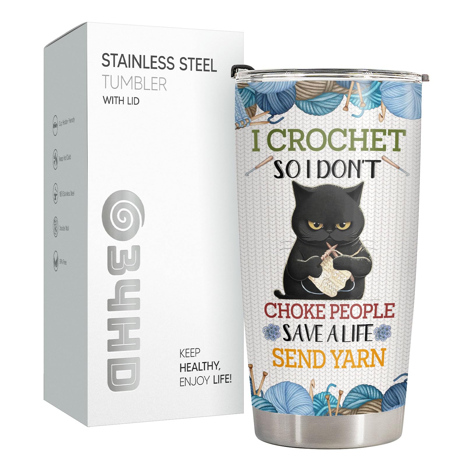 34HD Black Cat Tumbler with Lid, 20oz Vacuum Insulated Cat Coffee Cup, I Crochet So I Dont Choke People Mug, Crochet Lover Gifts