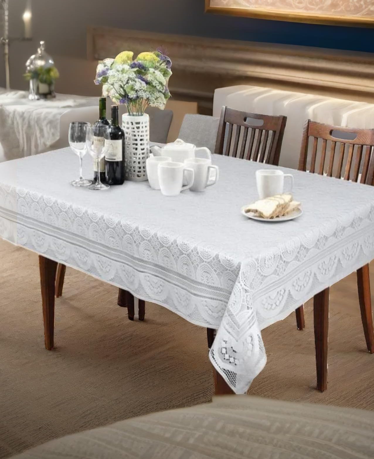 Weavers Villa Cotton Net Floral Rectangular Dining Table Cover For 6 Seater (White, 60X90 Inches, Pack Of 1)