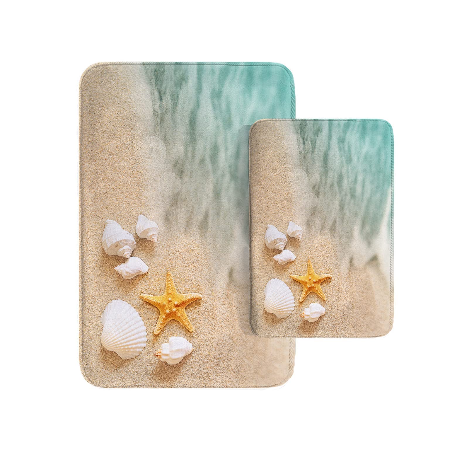 Britimes Beach Starfish Sea Shell Ocean Bathroom Rug Mat Set Of 2, Washable Cover Floor Rug Carpets Floor Bath Mat Bathroom Deco