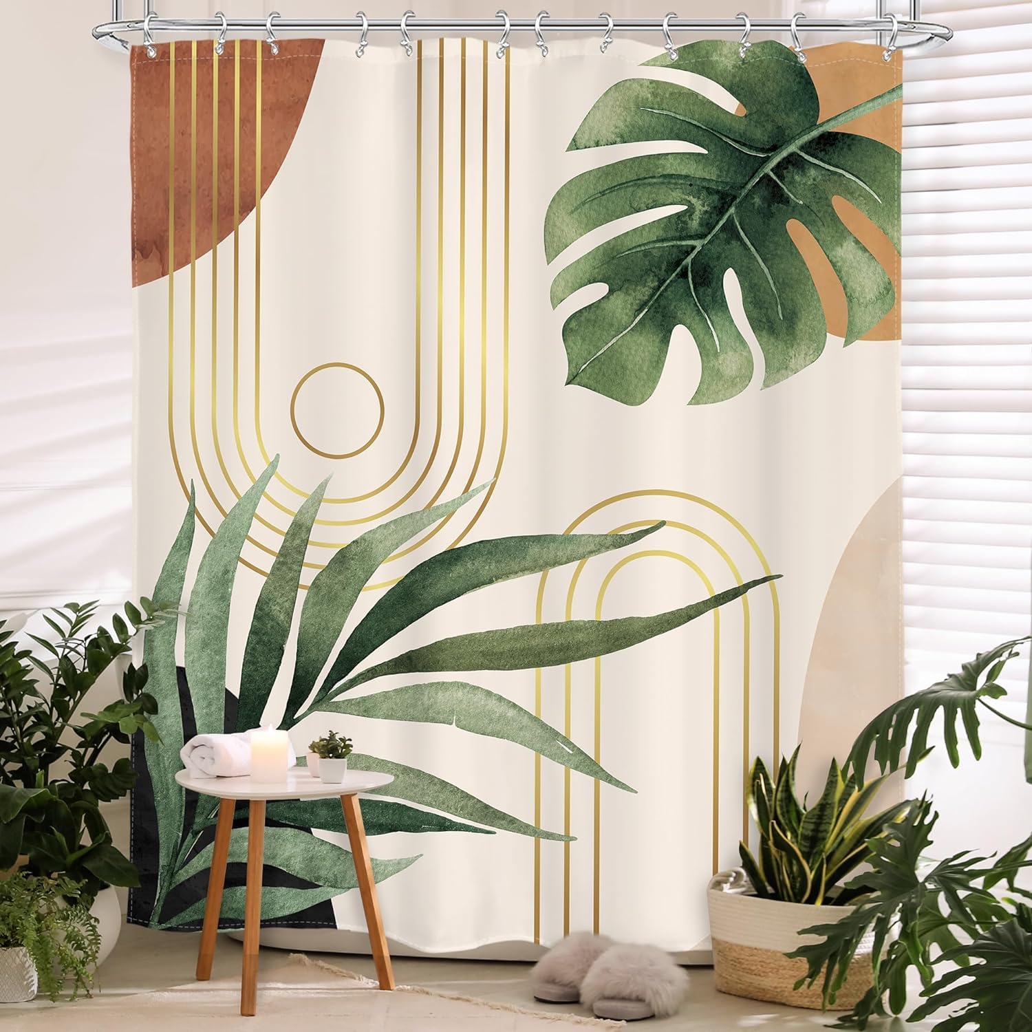 Glawry Mid Century Plant Shower Curtain Boho Botanical Tropical Abstract Minimalist Bohemian Leaves Bathroom Curtains Set Palm 7
