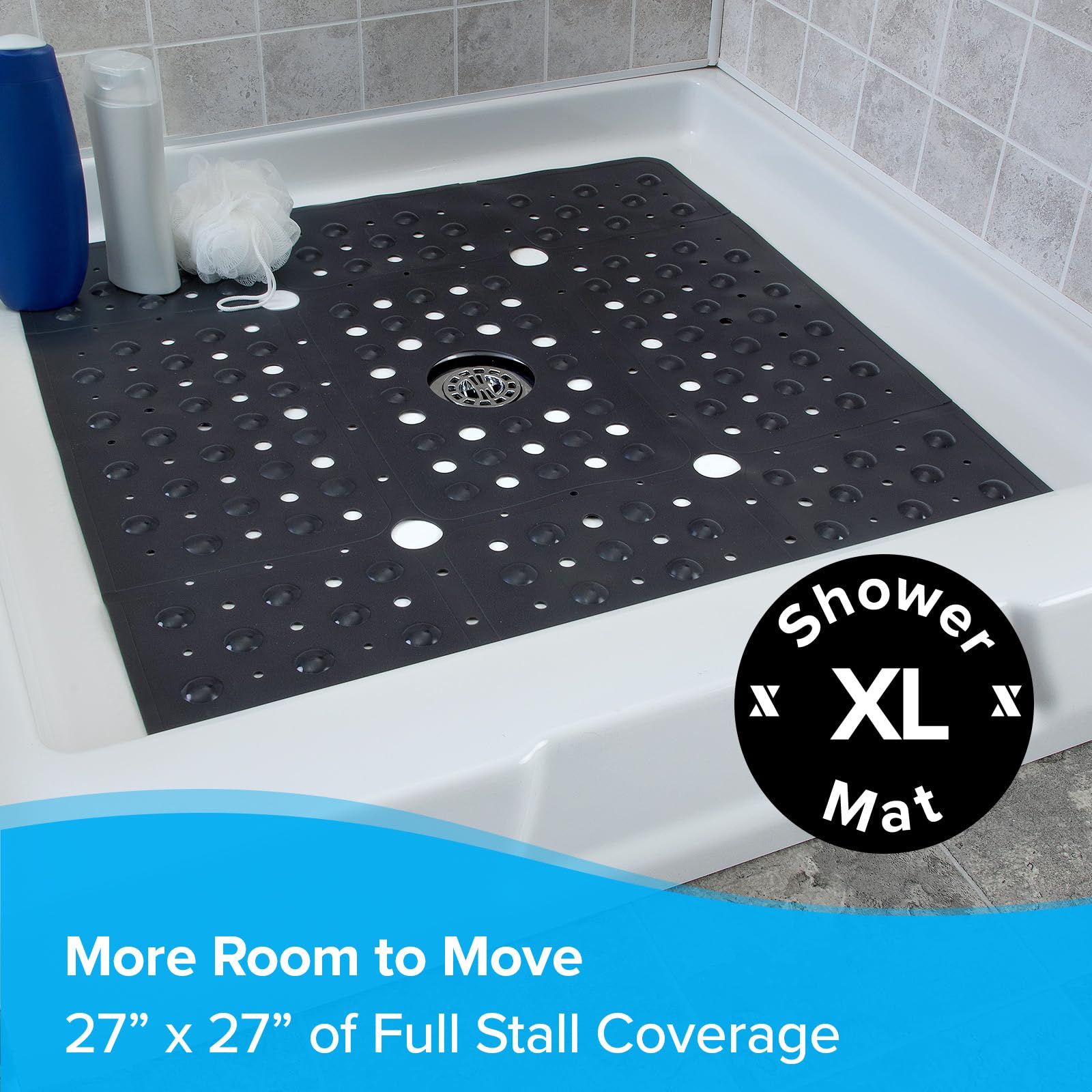 Slipx Solutions Accu-Fit 27 X 27 Inch Square Shower Mat  Extra Large Non-Slip Stall Mat For Elderly & Kids Bathroom  Drain Holes