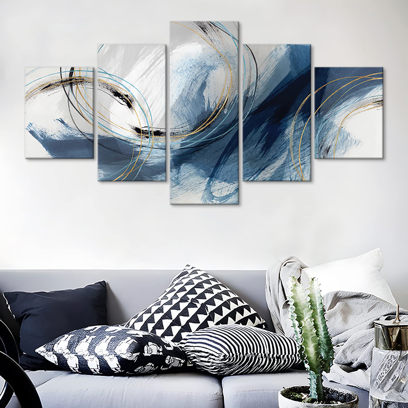 Fu-Keivy Blue Grey Abstract Canvas Wall Art Decor Fantasy Modern Artwork Painting For Living Room Bedroom 5 Panel Wall Pictures