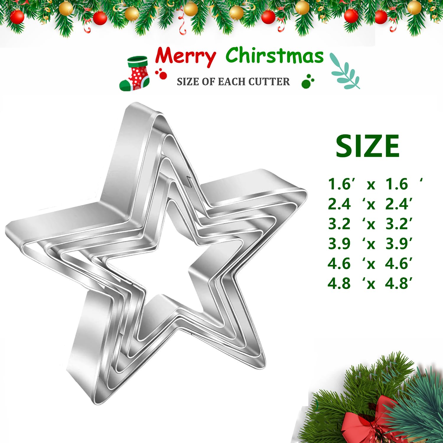 6 Pieces Star Cookie Cutters, 3D Christmas Tree Cookie Cutter Set, 4Th Of July Cookie Cutters, Assorted Sizes Stainless Steel St
