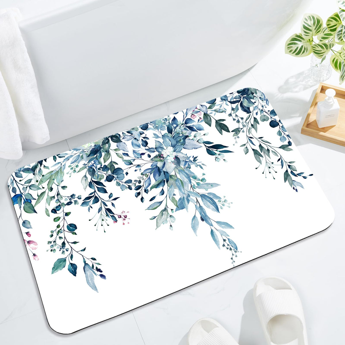 Gibelle Eucalyptus Leaves Bath Mat Rug Super Absorbent Quick Dry Thin Bathroom Rugs Fit Under Door Non Slip Rubber Backed Bathro