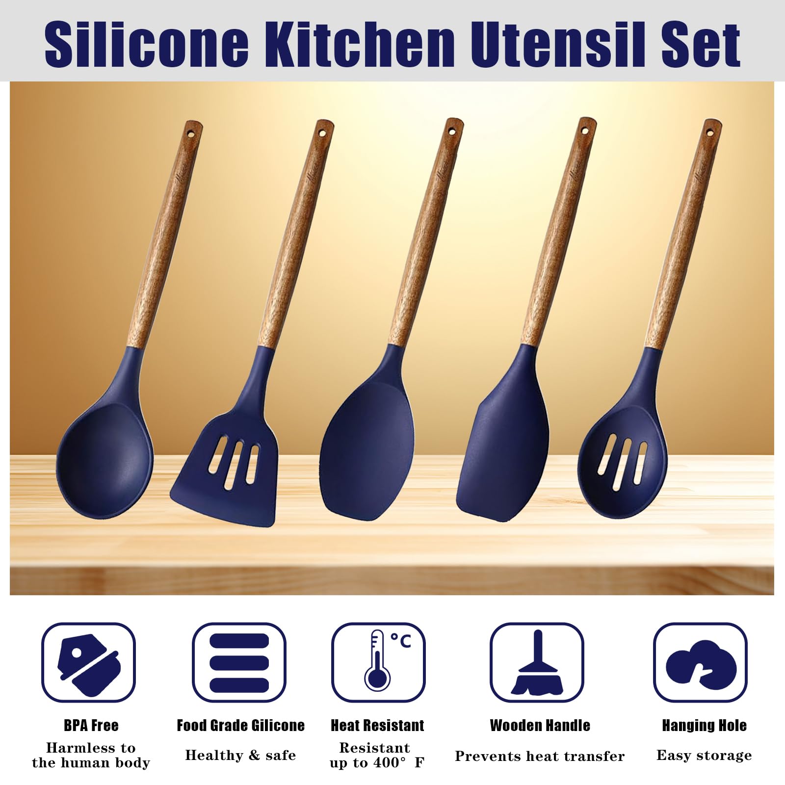 Miusco Non-Stick Silicone Kitchen Utensils Set With Natural Acacia Hard Wood Handle, 5 Piece, Midnight Blue, Bpa Free, Baking &