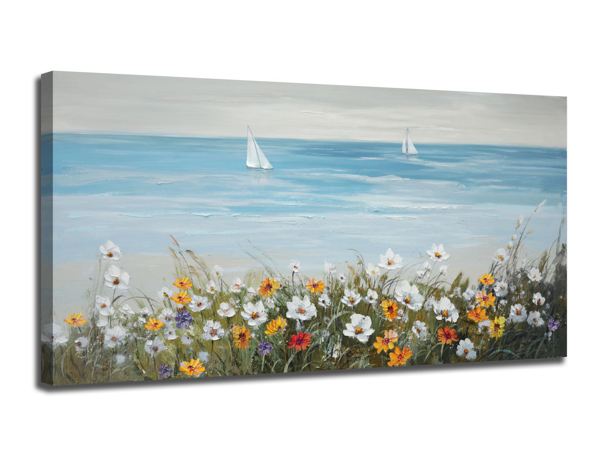 Ardemy Blue Coastal Wall Art Ocean Canvas Flowers Daisy Painting Landscape Sailboat Picture White Yellow Artwork Modern Seascape
