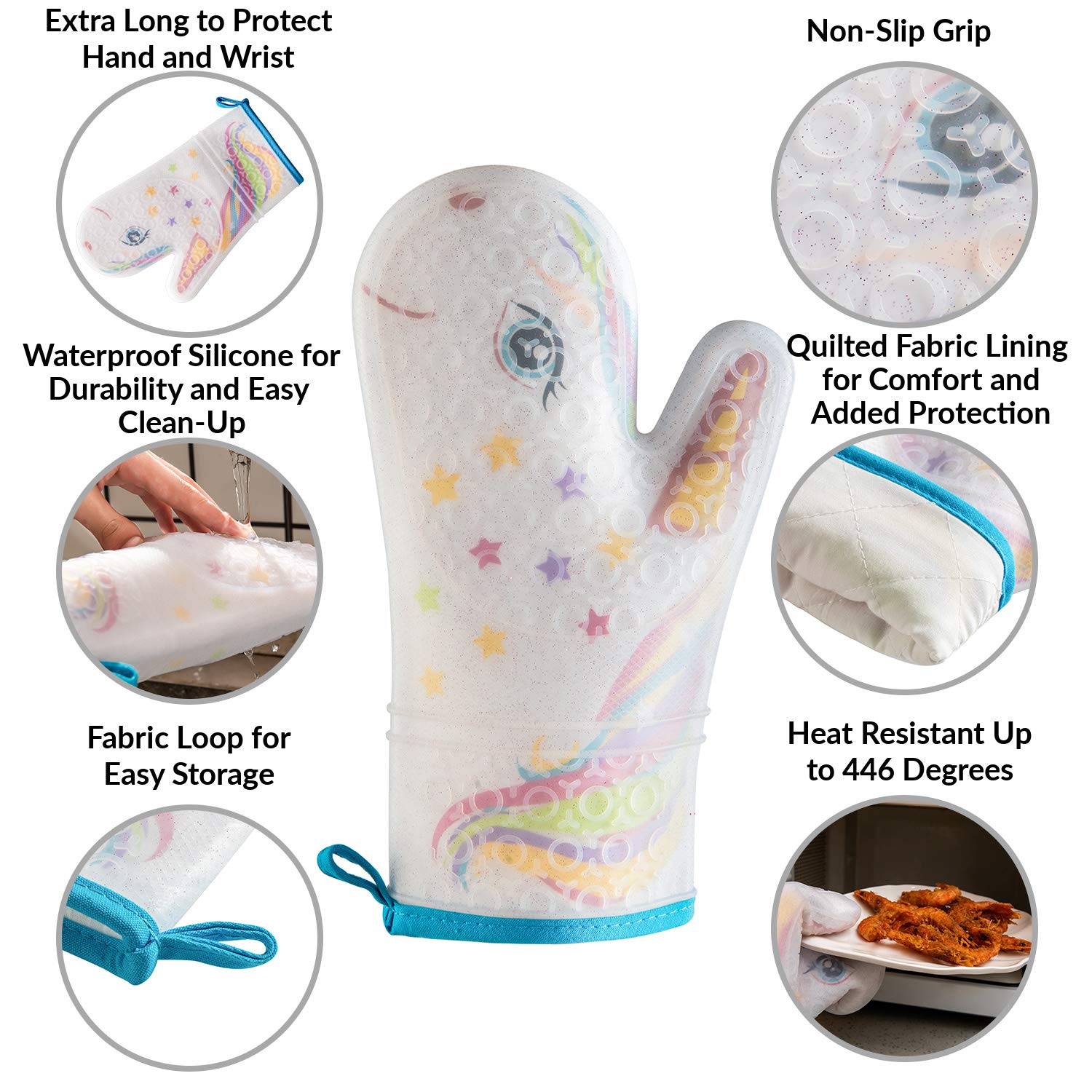 Gears Out Glitter Magic Unicorn Silicone Oven Mitt - Funny Oven Mitts - Heat Resistant Kitchen Glove, Soft Silicone, Quilted Fab