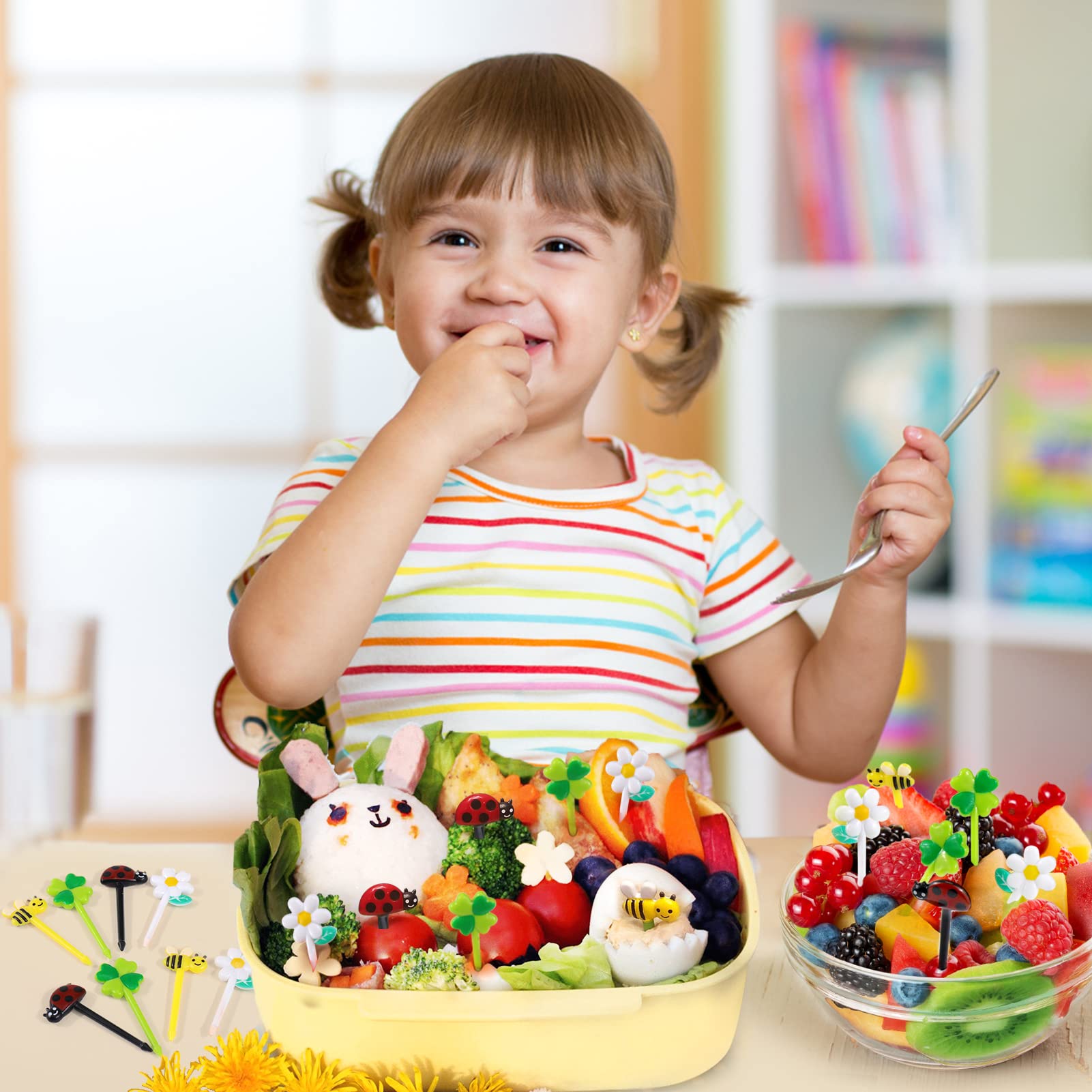 Aiersa Food Picks For Kids Bento Box, 16Pcs Reusable Bees, Daisy, Four Leaf Clover, Ladybug Food Fruit Picks, Lunch Bento Box Ac