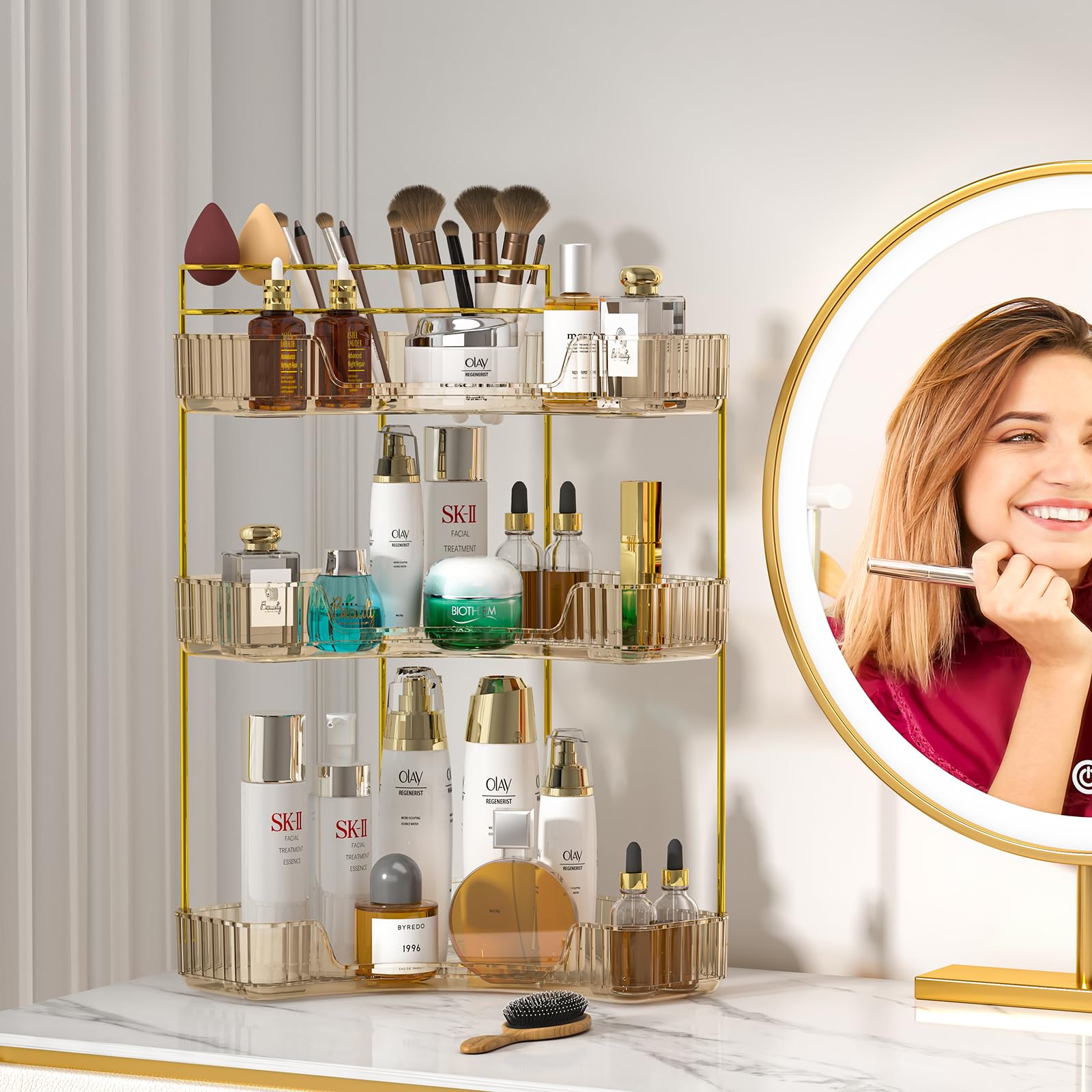 Sunzos Corner Bathroom Counter Organizer, 3-Tier Countertop Perfume Tray Organizer With Makeup Brush Holder, Vanity Makeup Cosme