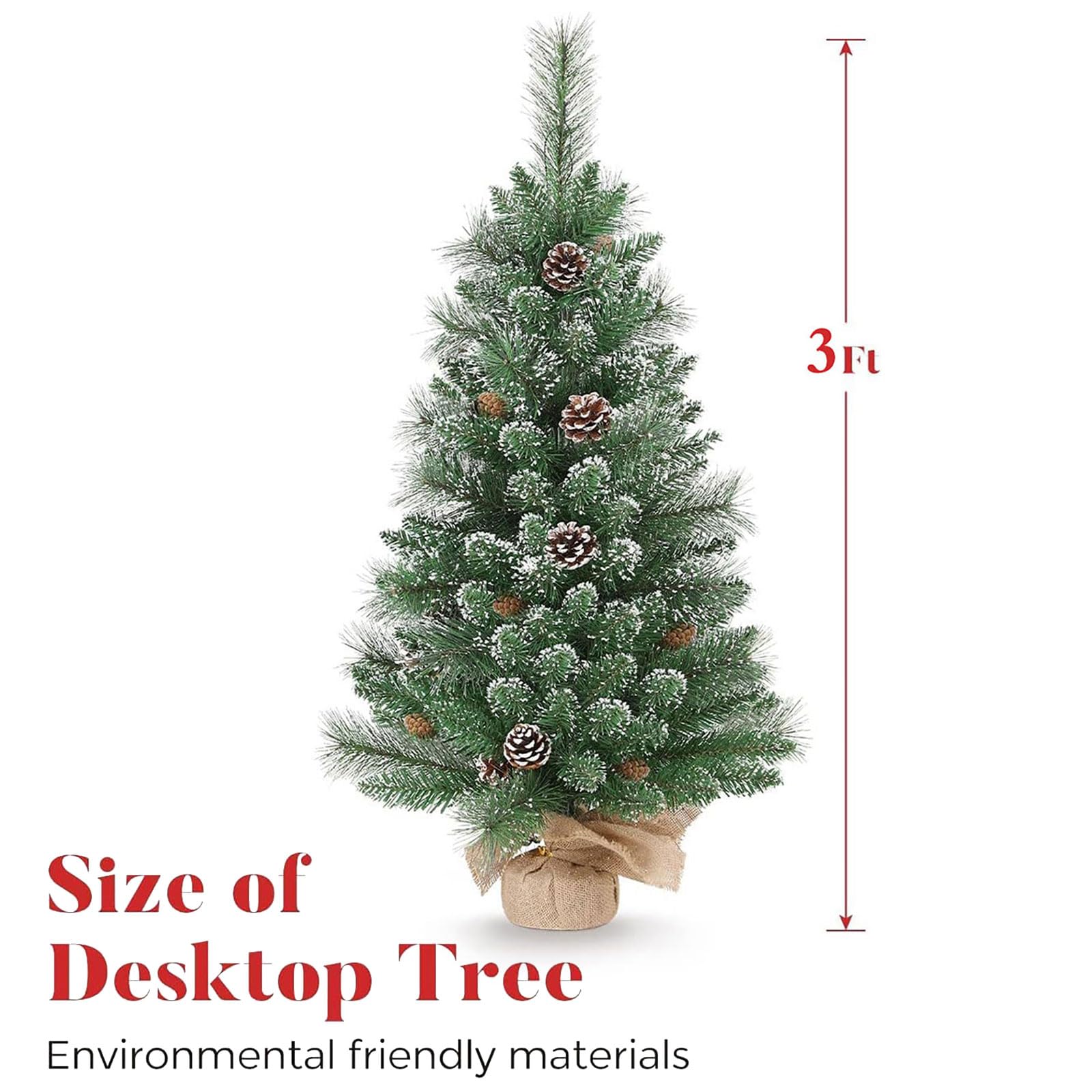 Tabletop Christmas Tree, 3FT Burlap Base with 35 LED Lights, White Tipped Branches, Prelit Small Artificial Tabletop Snow Flocke