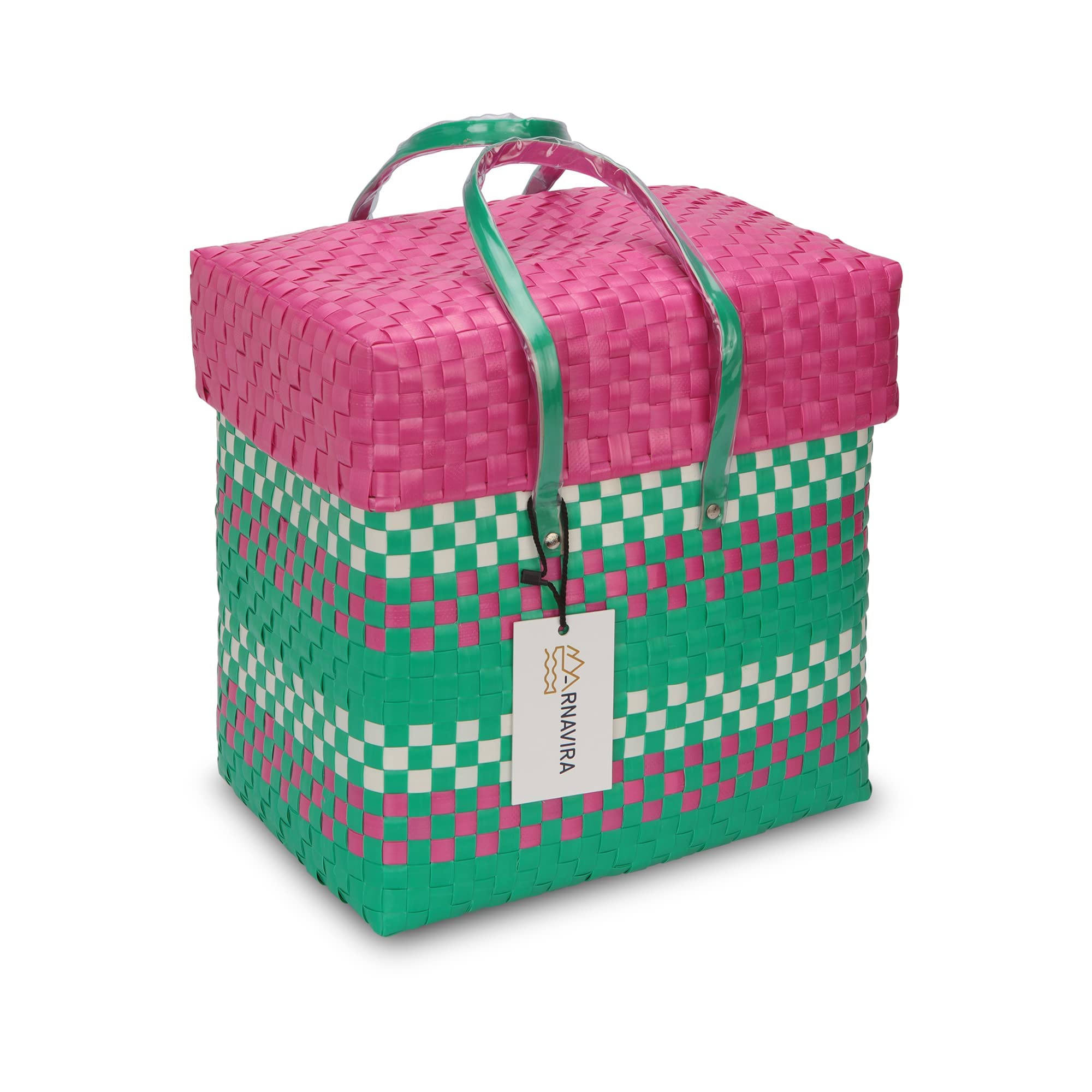 Arnavira Handmade Multipurpose Basket With Lid 4L Used For Organiser, Makeup Items Storage,Kids Tiffin (18X12X19 Cm) (Pink Sea G