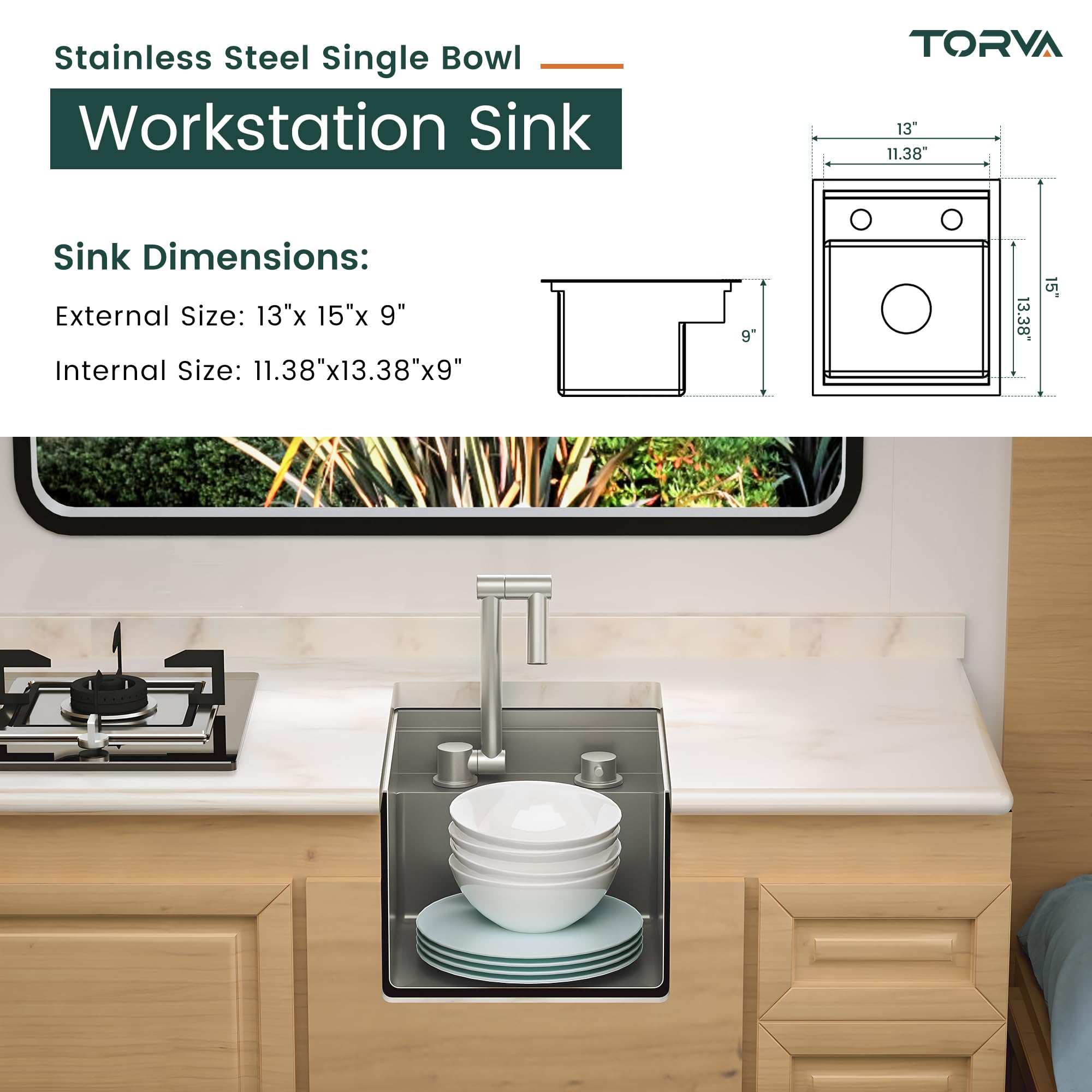 Torva Rv Kitchen Sink, 13 X 15 X 9 Inch Undermount Bar Sink 16 Gauge Stainless Steel Single Bowl Sink With Faucet Cutting Board,