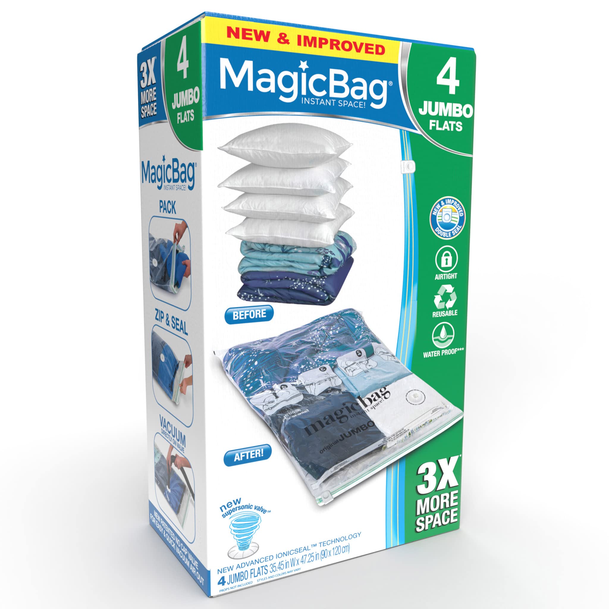 Magicbag 4-Pack Jumbo Flat Vacuum Compression Bags Instant Space Saver Storage - Airtight Double Zipper - Clothing, Pillows - Ho