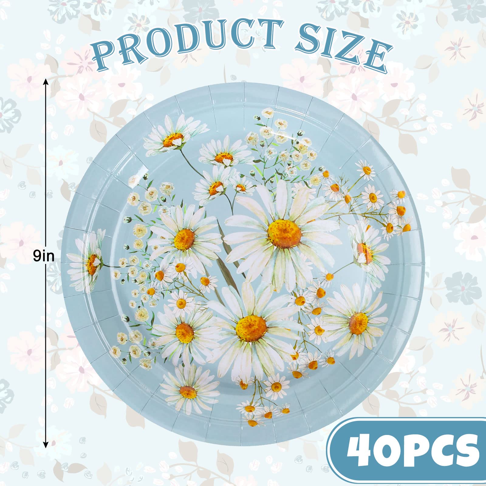 Whaline 40Pcs Daisy Flower Paper Plates 9 Inch Spring Summer Blue White Flower Disposable Party Plates Farmhouse Floral Tablewar