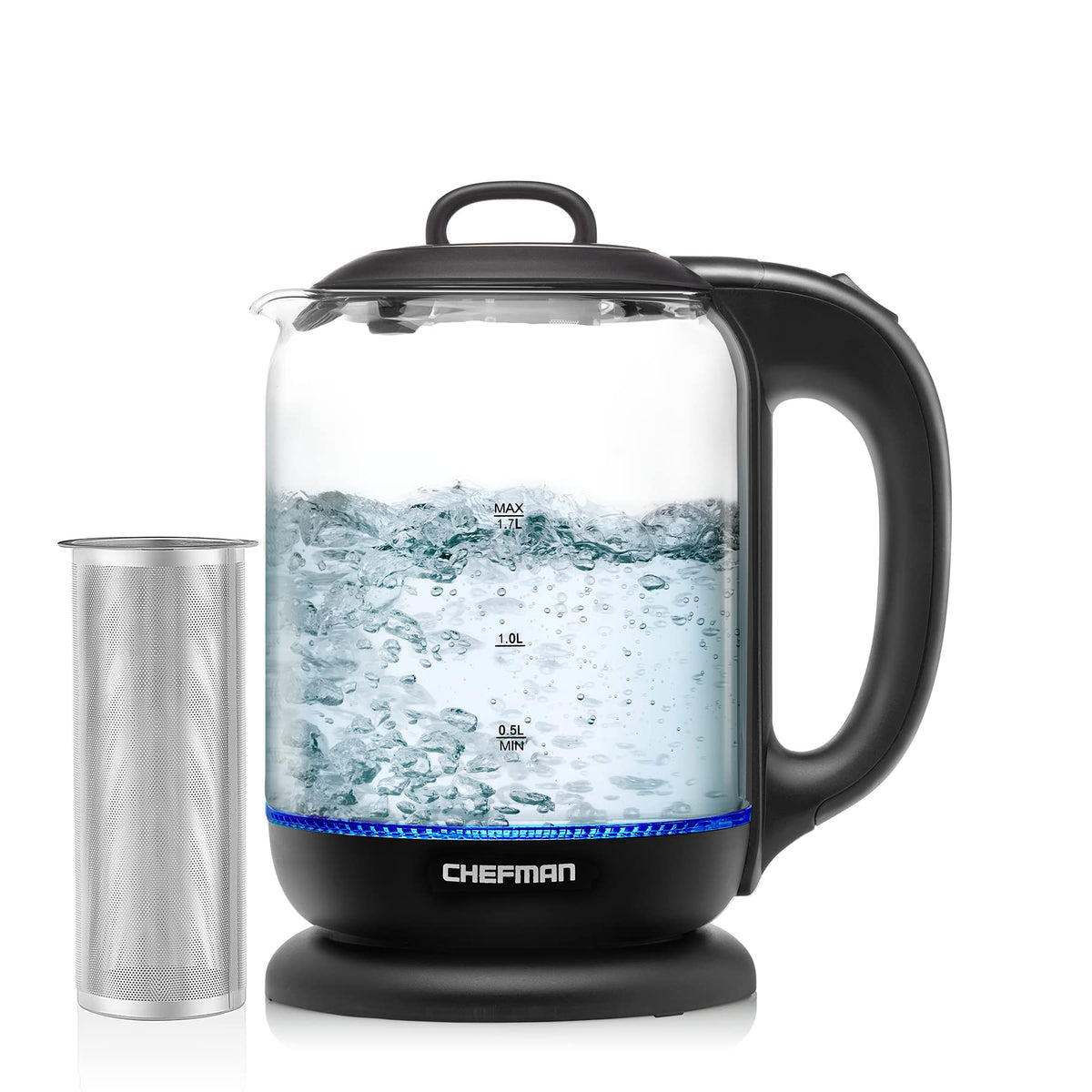 Chefman 1.7 Liter Electric Kettle With Tea Infuser, Cordless With Removable Lid And 360 Swivel Base, Led Indicator Lights, Black