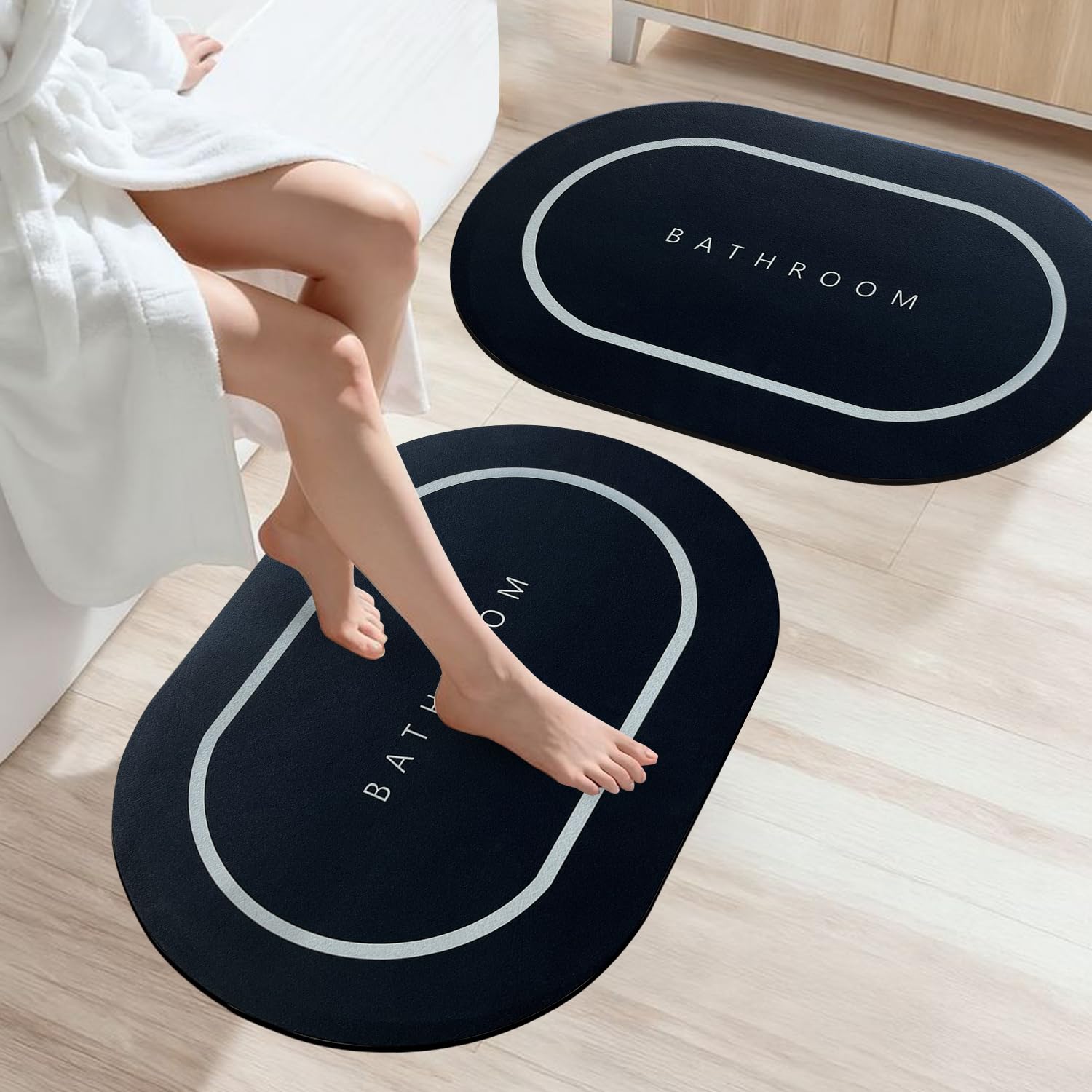 Sittella 2 Pieces (3.5Mm) Anti-Skid Water Soaking Marble Print Door Mat, Water Absorbent Mat (40X60Cm) Grey, Oval