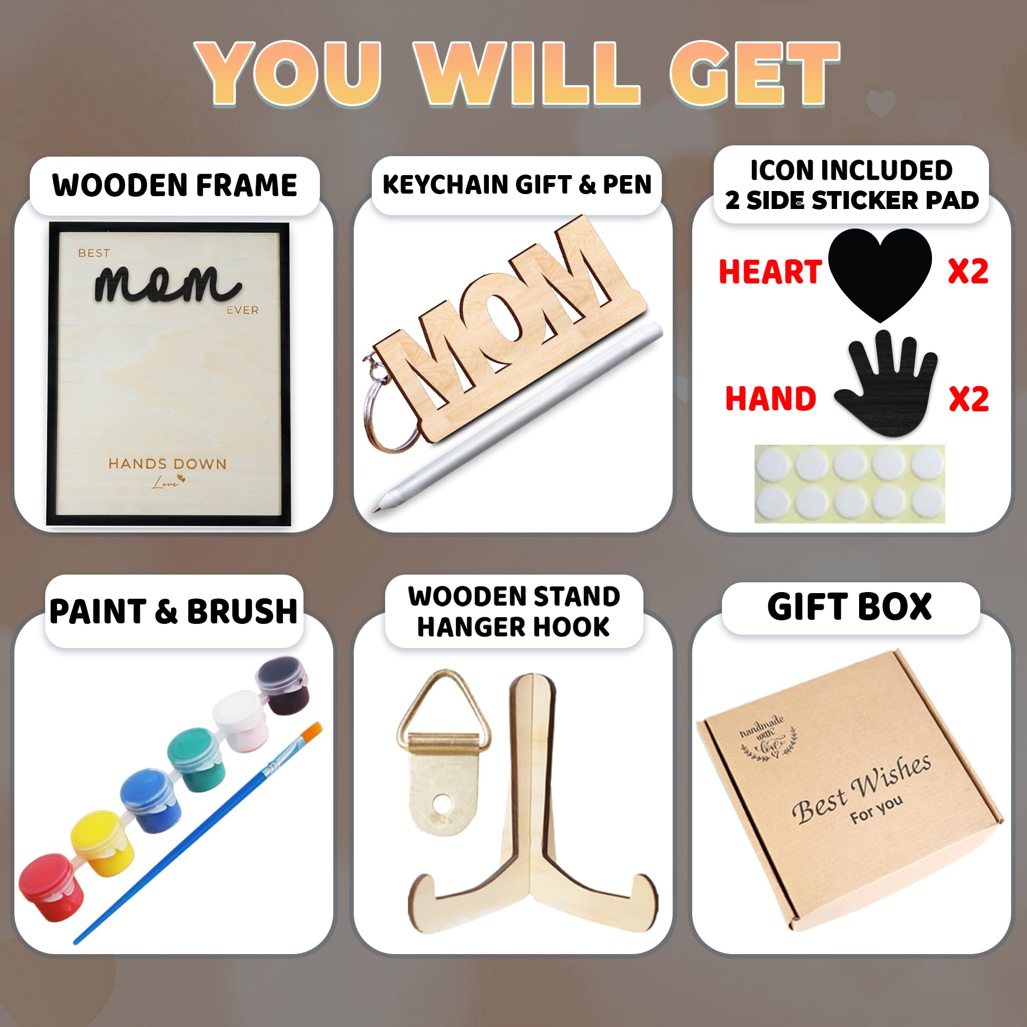 10 Hands Down Best Mom Ever DIY Handprint Kit with Acrylic Paints, Art Craft Family Keepsake Wood Frame Mom Keychain Birthday Mo